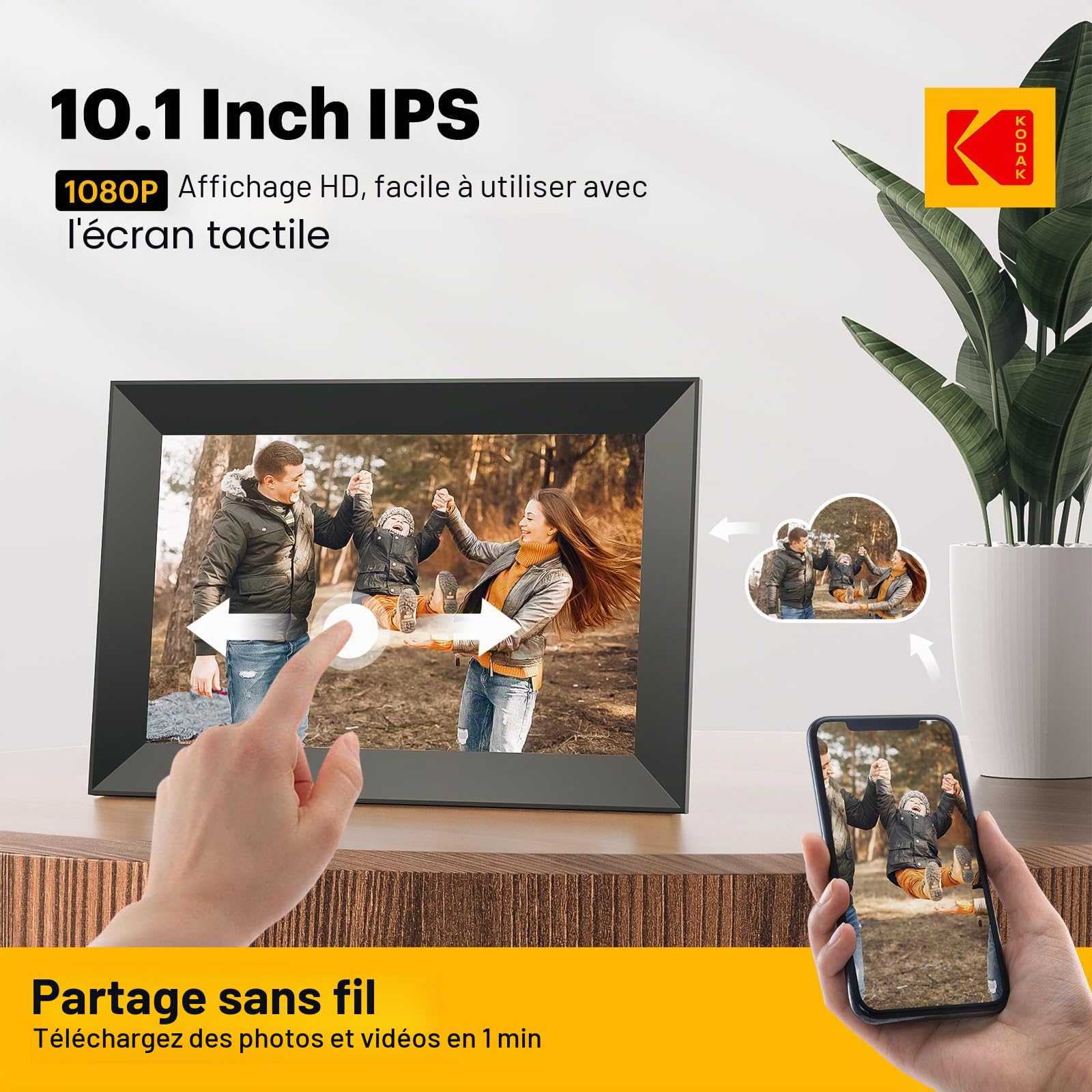Cadre Photo numérique WiFi, Kodak 10.1 Pouces Cadre Photo électronique avec 32 Go de Stockage, partagez instantanément des Clips vidéo et Photos Via l'application, Rotation Automatique