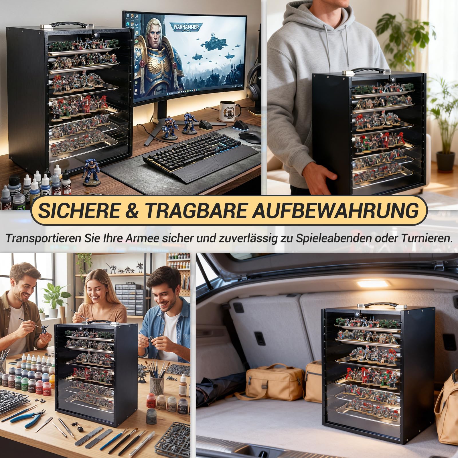 Miniaturen-Transportkoffer für Sammlerstücke, Holz-Miniaturen Aufbewahrungs- und Vitrinenkoffer für Figuren und Actionfiguren, Tragbarer Figuren-Display- und Transportkoffer (Schwarz Figurenbox)