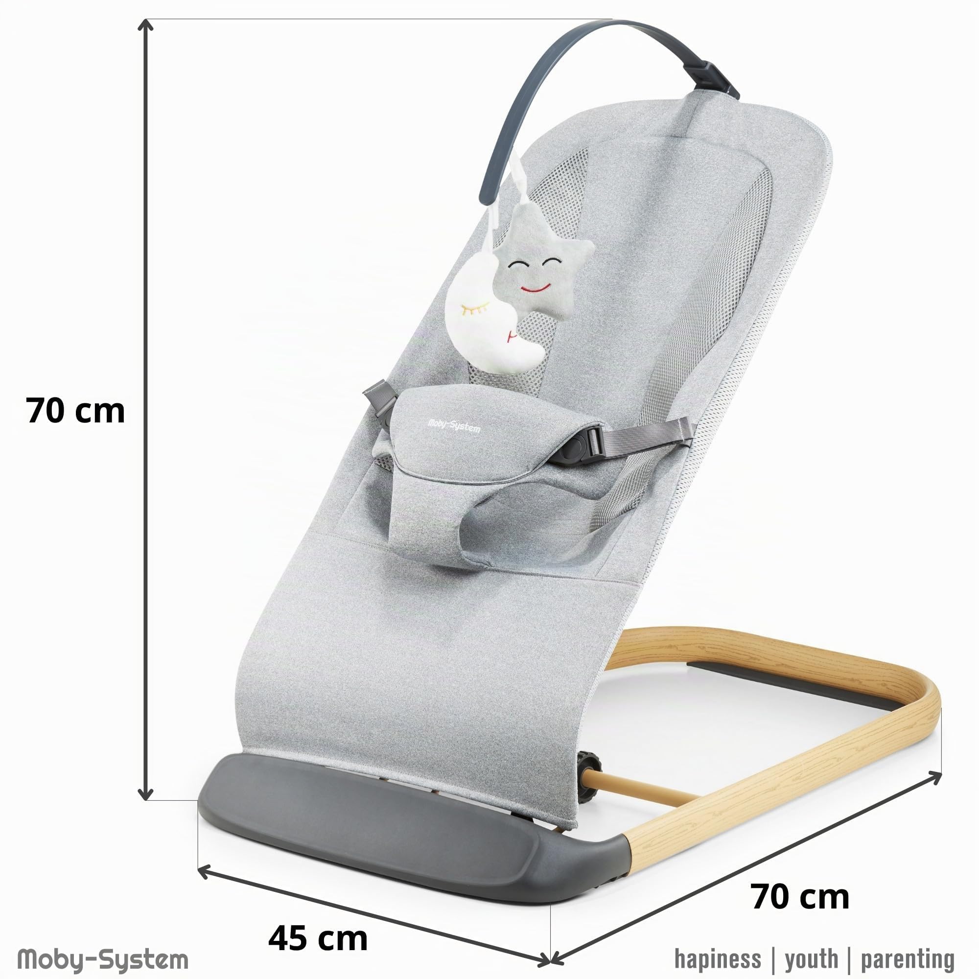 Moby-System Sdraietta 2 in 1 Lily per Bambini Fino a 9 kg, Regolabile in 3 Fasi, Inclusi Giocattoli e Fascia per la Testa, Rete Leggera e Traspirante per Neonati