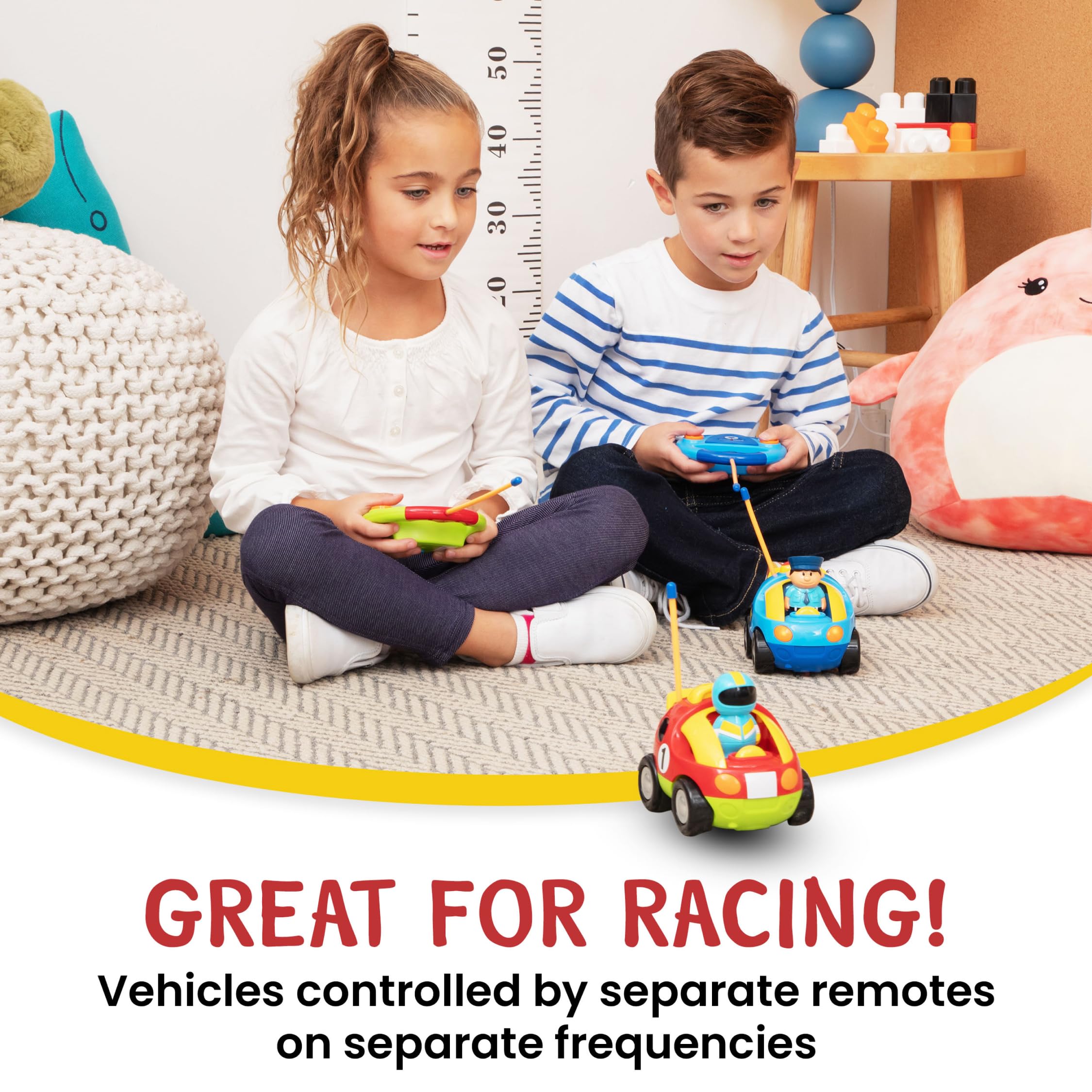 PREXTEX Cartoon Remote Control Car - 2-Pack Police and Race Car Toddler Toys - RC Cars for Kids with Different Frequencies - Easy Remote Control Toy and Thoughtful Gifts for Boys and Girls