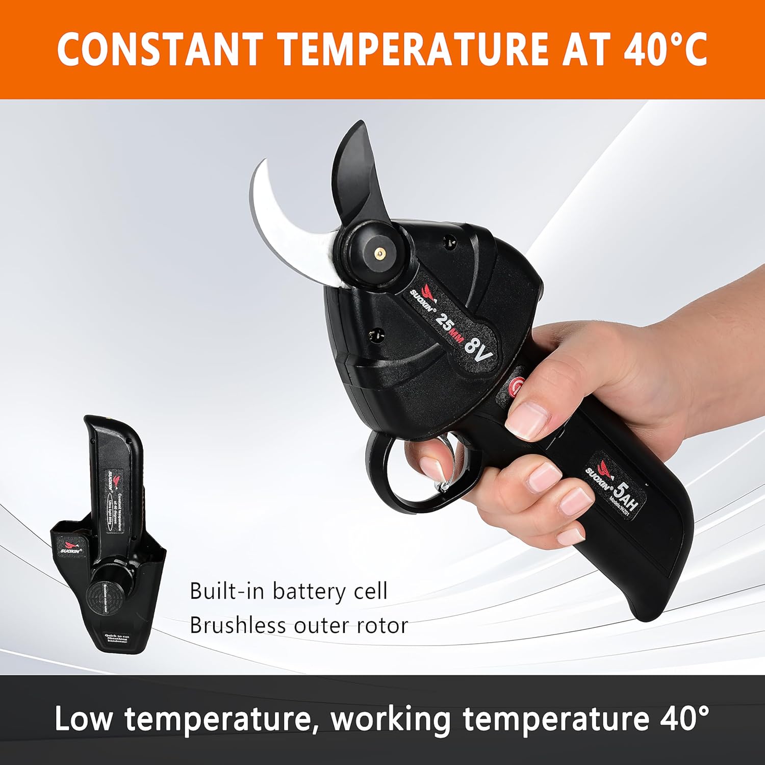 Cordless Electric Pruning Shears – 600g Ultra-Light,1” Cutting Diameter, SK5 blade, 5000mAh Battery, Type-C Charge, Brushless Motor, Constant 40°C Cool Operation, Ideal for Vineyard & Garden