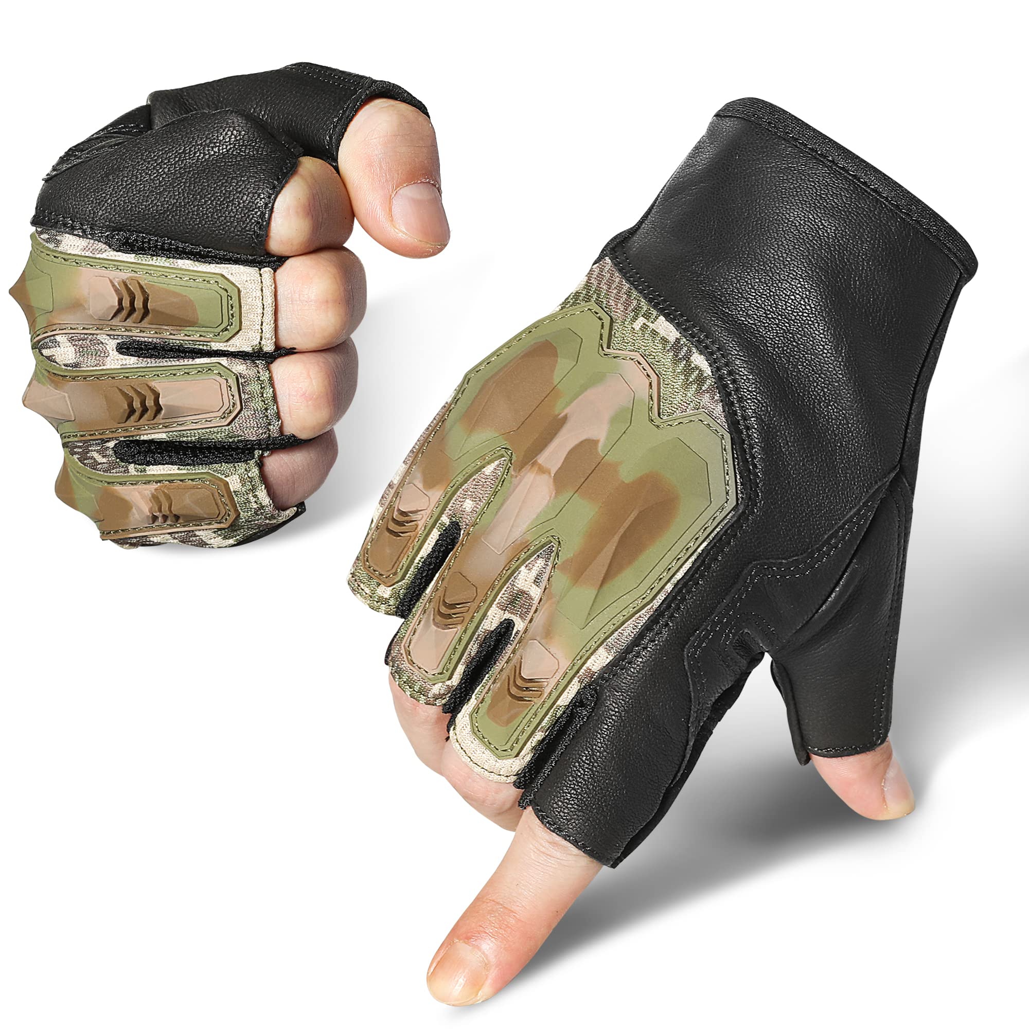 Zune Lotoo Guanti Tattici Militari mezza Dita, Guanti Moto Estivi Traspiranti con Protezione Nocca da Softair Lavoro Arrampicata Motocross Paintball Campeggio per Uomo e Donna, Camuffamento S