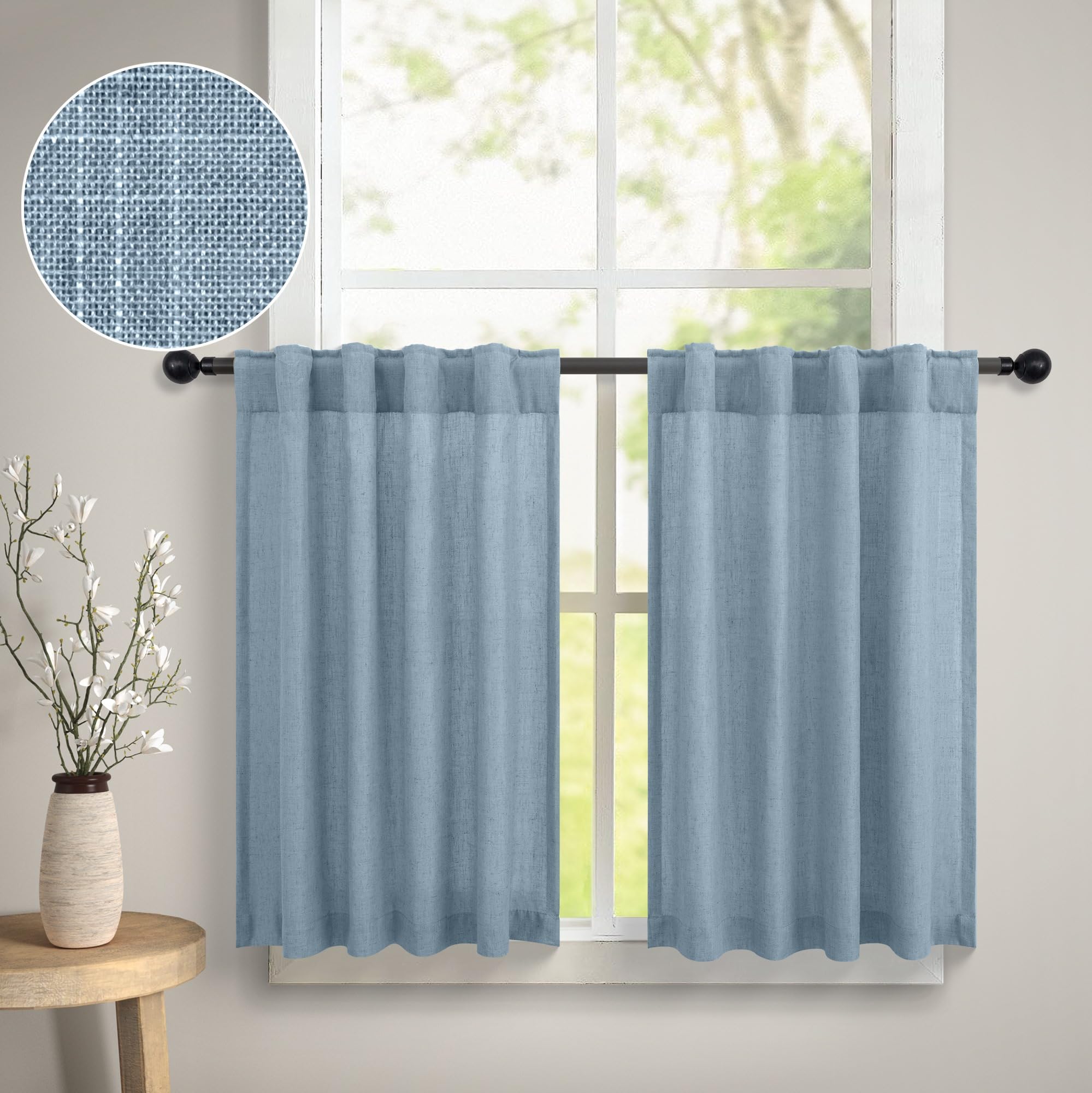 30 Inch Curtains for Small Window 2 Pack Back Tab Pocket Semi Transparent Boho Farmhouse Kitchen Curtains Cafe Sheer Short Ligth Blue Linen Curtains for Office Bay Window Cabinet Cupboards 30x30 Long