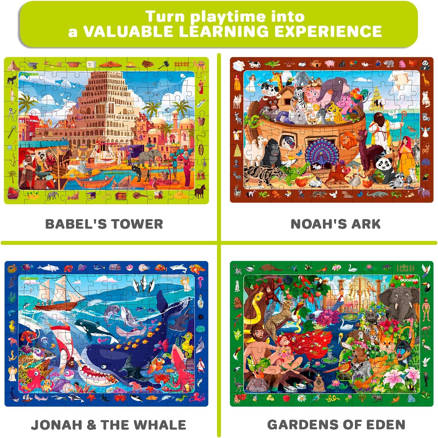 QUOKKA 60 Piece Kids Puzzles Ages 5-8 - Set of 4 Bible Jigsaw Puzzles for Kids 4-6-10 Year Old - Tower of Babel - Noah`s Ark - Eden Toys for Children 5-7 yo - Christian Gifts for Boys & Girls