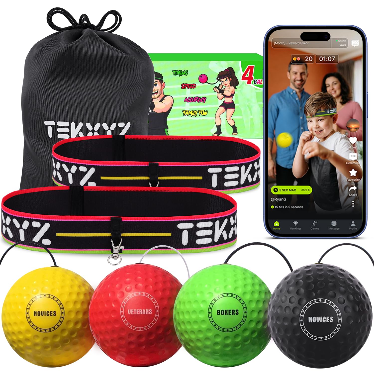 TEKXYZ Reflex Ball Family Pack, 4 Different Boxing Training Ball with Headband, Perfect for Reaction, Agility, Punching Speed, Fight Skill and Hand Eye Coordination Training