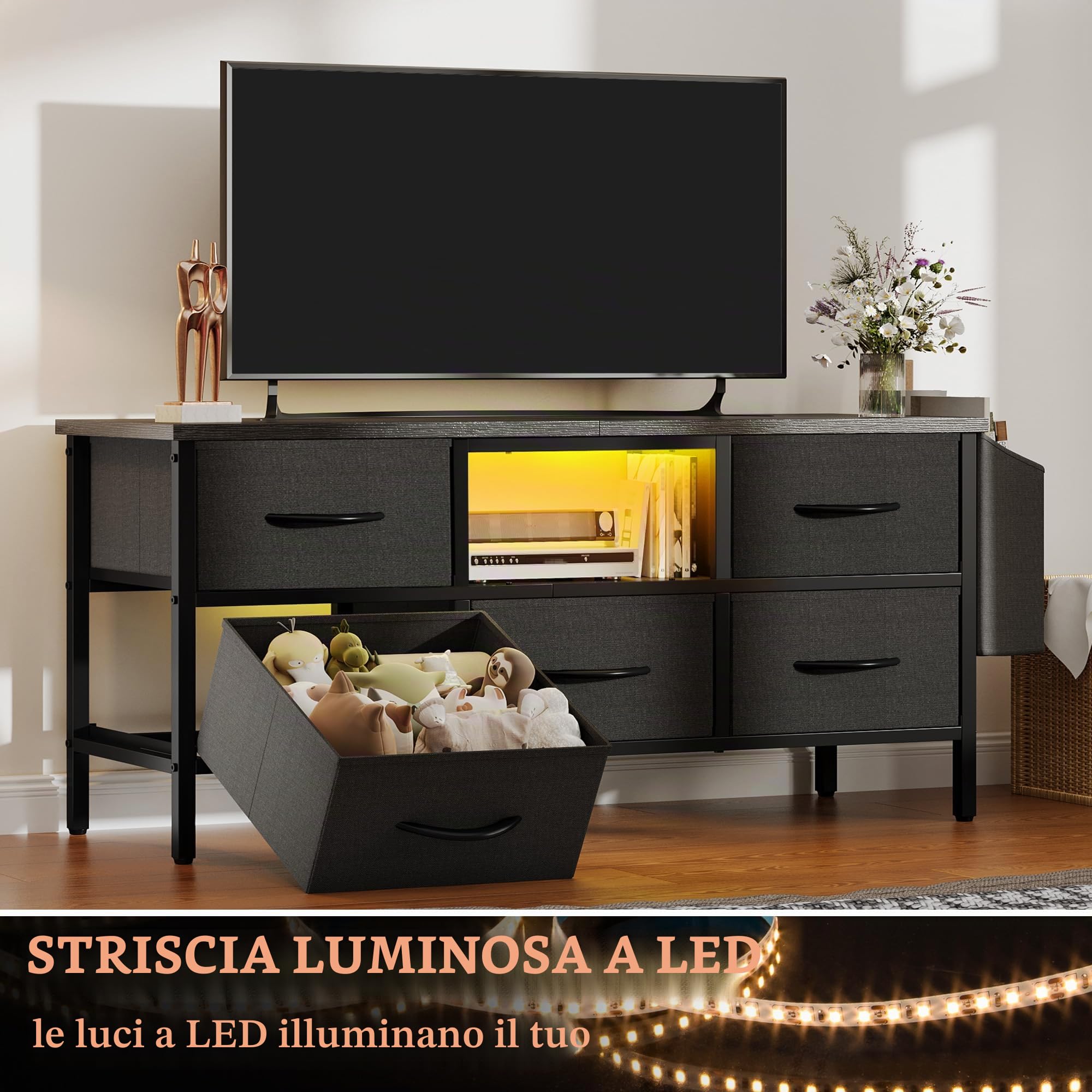 YITAHOME Mobile TV, mobile porta TV per soggiorno, con 5 cassetti pieghevoli e mensole, mobile TV con illuminazione a LED RGB con armadio, 145 x 35 x 50 cm, nero