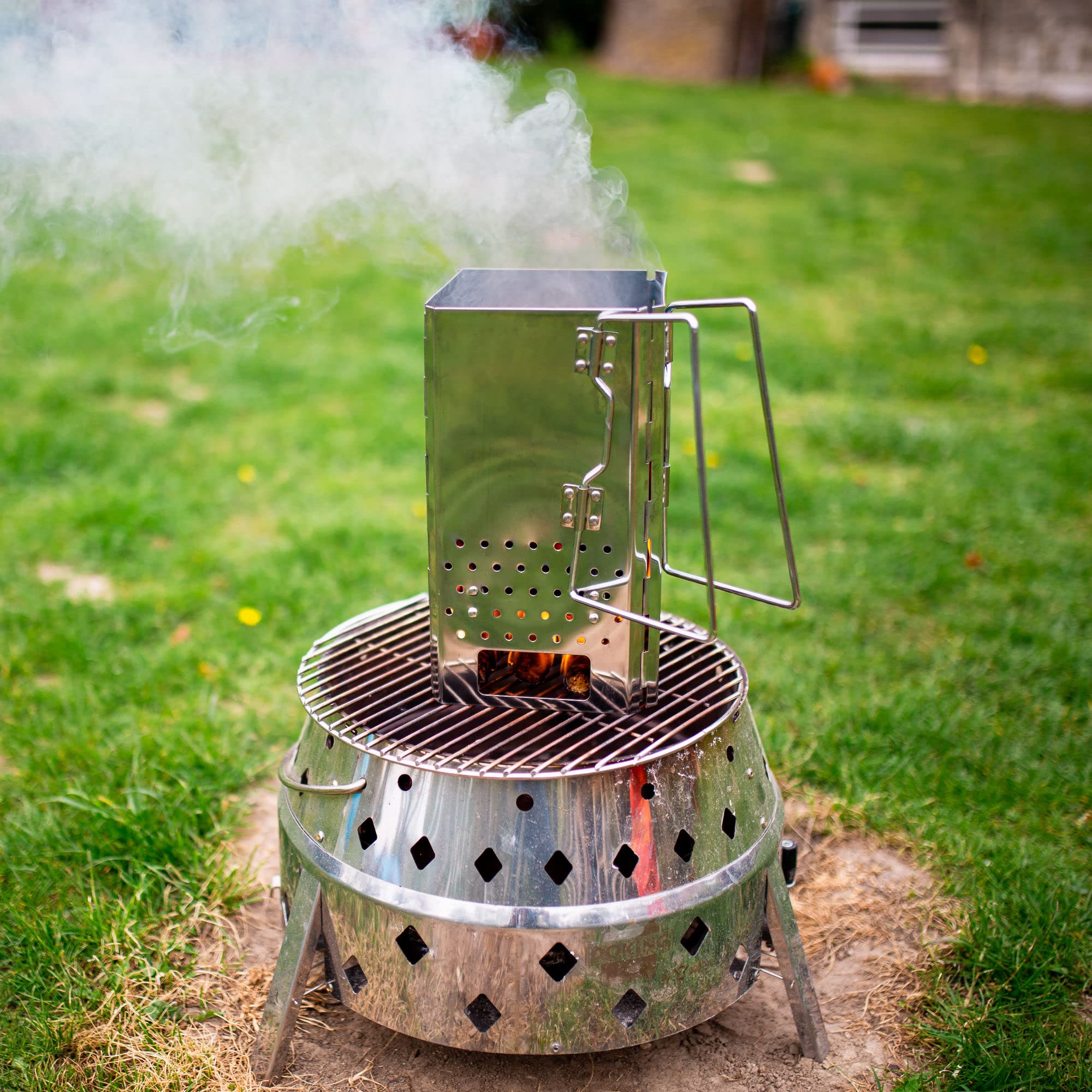 BBQ-Toro Cheminée d'allumage pliable en acier inoxydable avec poignées | 16 x 16 x 29 cm | Cheminée de barbecue pliable avec sac de transport pour barbecue, camping, extérieur, jardin, terrasse