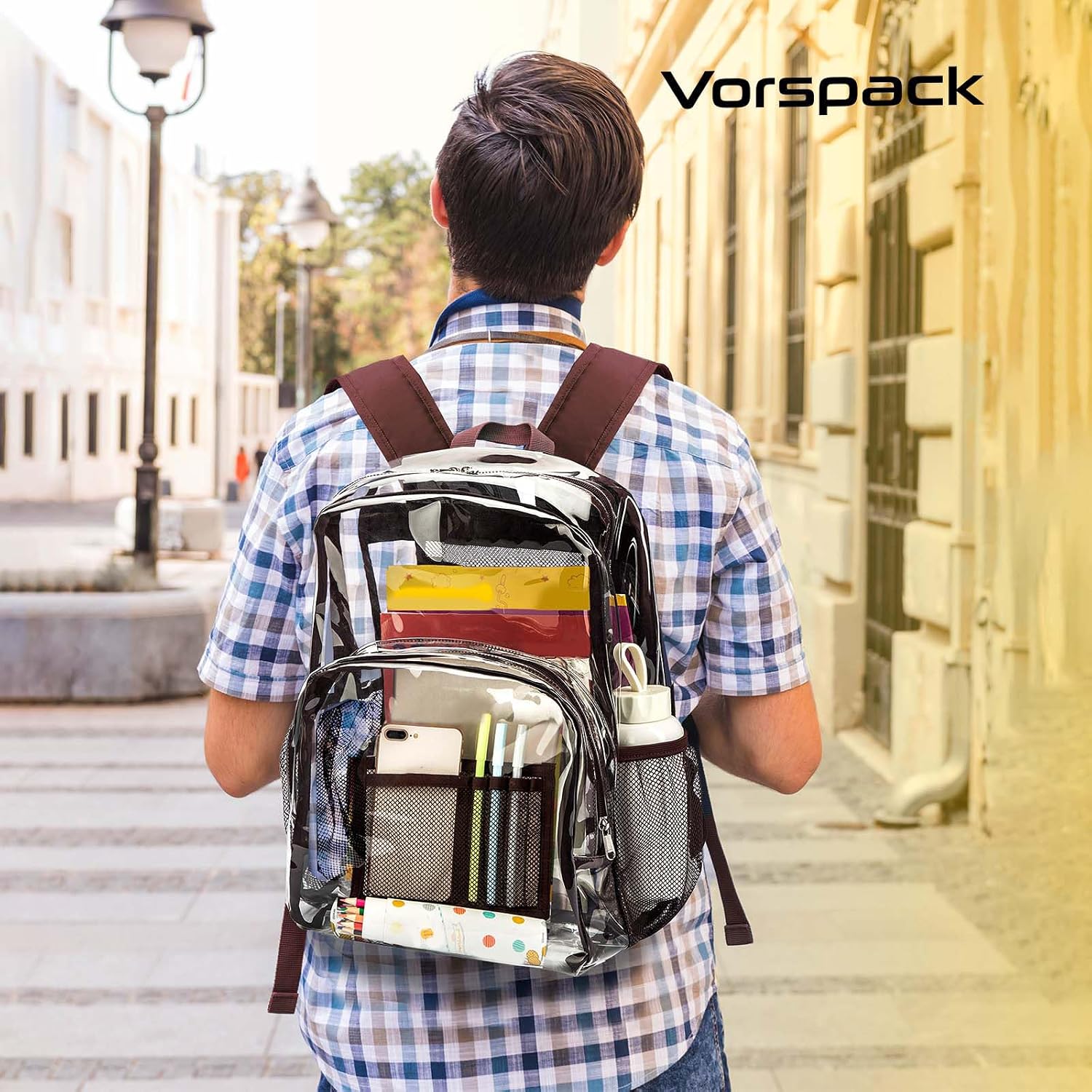  Clear Backpack Heavy Duty PVC Transparent Backpack with Reinforced Strap Stitches & Large Capacity for College Workplace Security - Coffee thumbnail