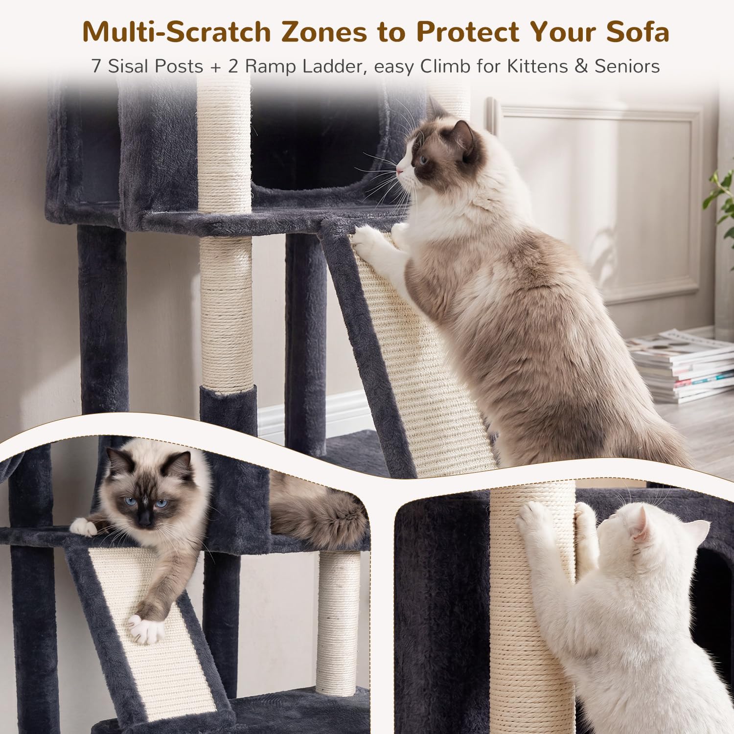 Globlazer Árbol Rascador XXL para 3-4 Grande Gatos 200 cm con 2 Inmenso Nidos, Plataformas 50*30*30CM, 3 Cesta, 2 Rascar Sisal, Estable Torre Gato para Vario Gatos Adultos Interior (F78, Gris Oscuro)