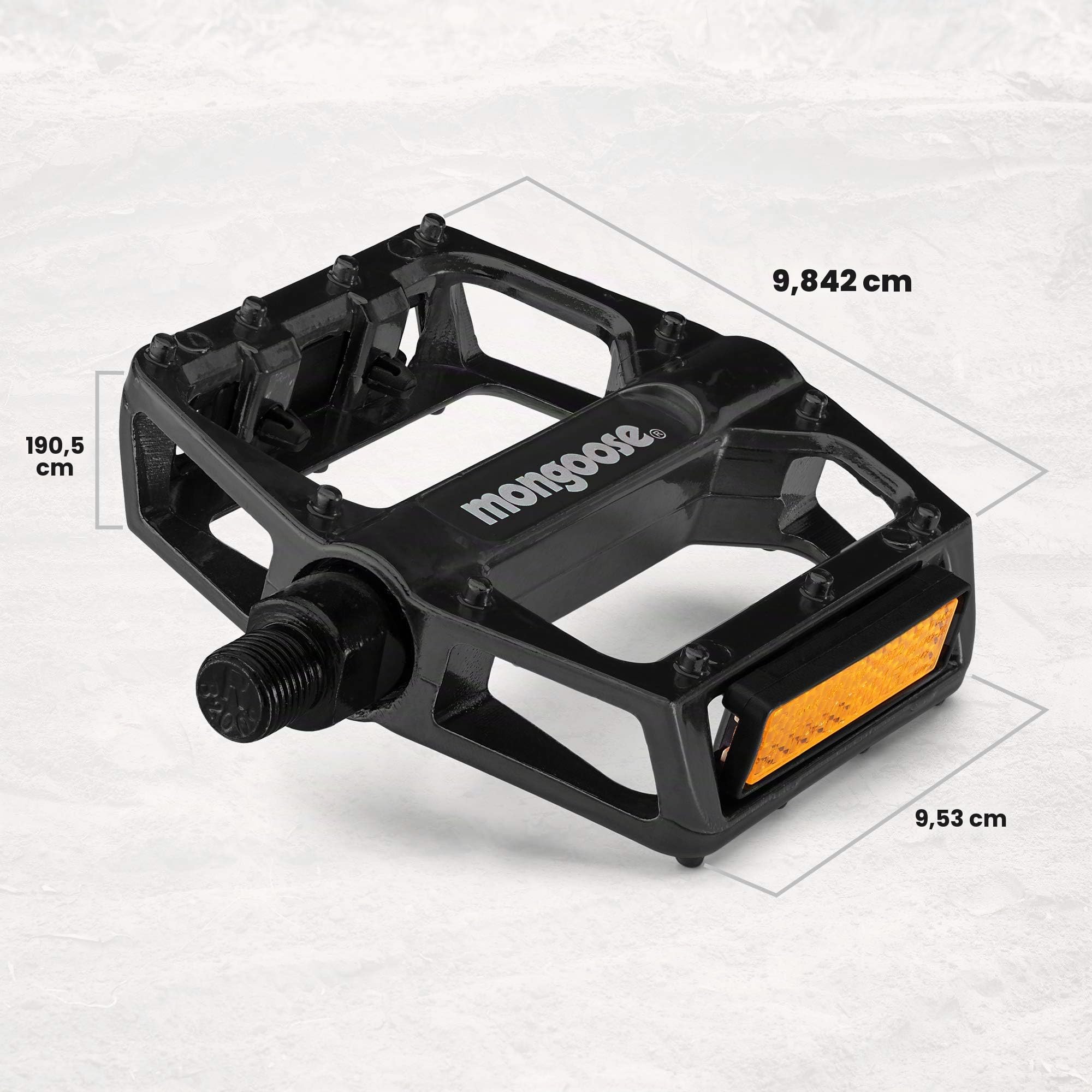 Mongoose Mountainbike-Pedale für Erwachsene, 1,27 cm und 9/16 Zoll Adapter, langlebige Legierung, Fahrrad-Plattformpedal, Refective Strips, MTB-Fahrradzubehör