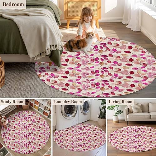Miniatura 5 de Round Rugs 5ft, Red Pink Leaves Non-Slip Area Rugs for Living Room Bedroom Entryway, Botanical Abstract Color Retro Plants Washable Carpet Runner