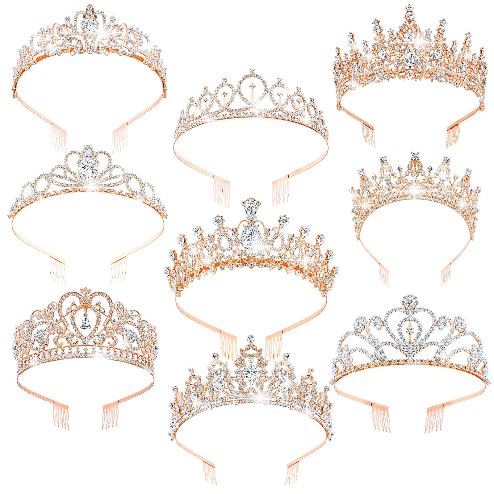 Zeyune 9 Stück Tiaras und Kronen für Frauen, Großpackung Kristallprinzessin Tiara Strass Brautkrone mit Kämmen für Hochzeit, Geburtstag, Quinceanera, Festzug, Abschlussball, Haarschmuck