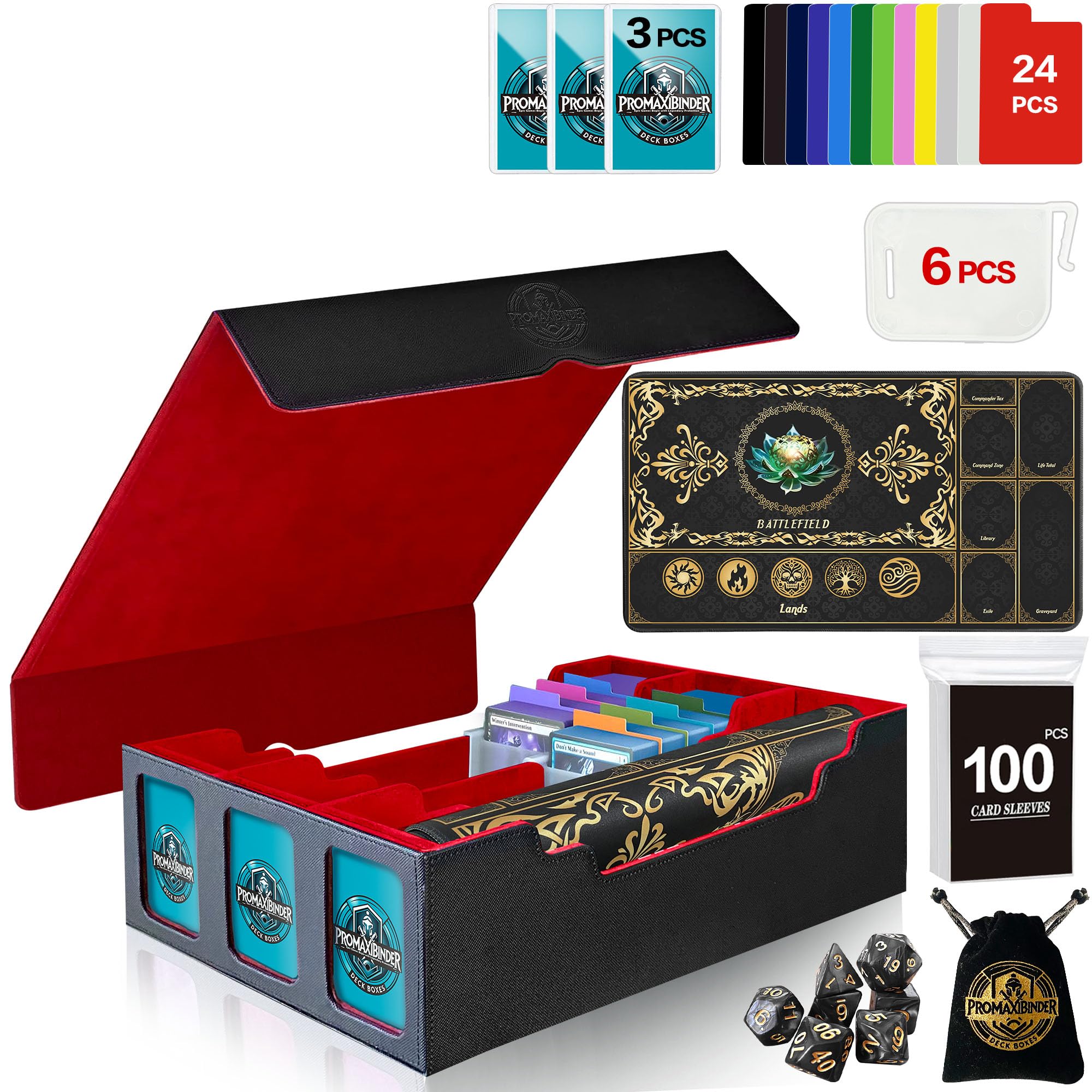 PROMAXIBINDER MTG Trading Card Storage Box with Playmat Fits 3000+ Cards, 3-Row Commander Deck Case, 3 Display Windows, 6 Movable Partitions, 24 Dividers, for Magic/TCG/YuGiOh/Sport (Black&Red)