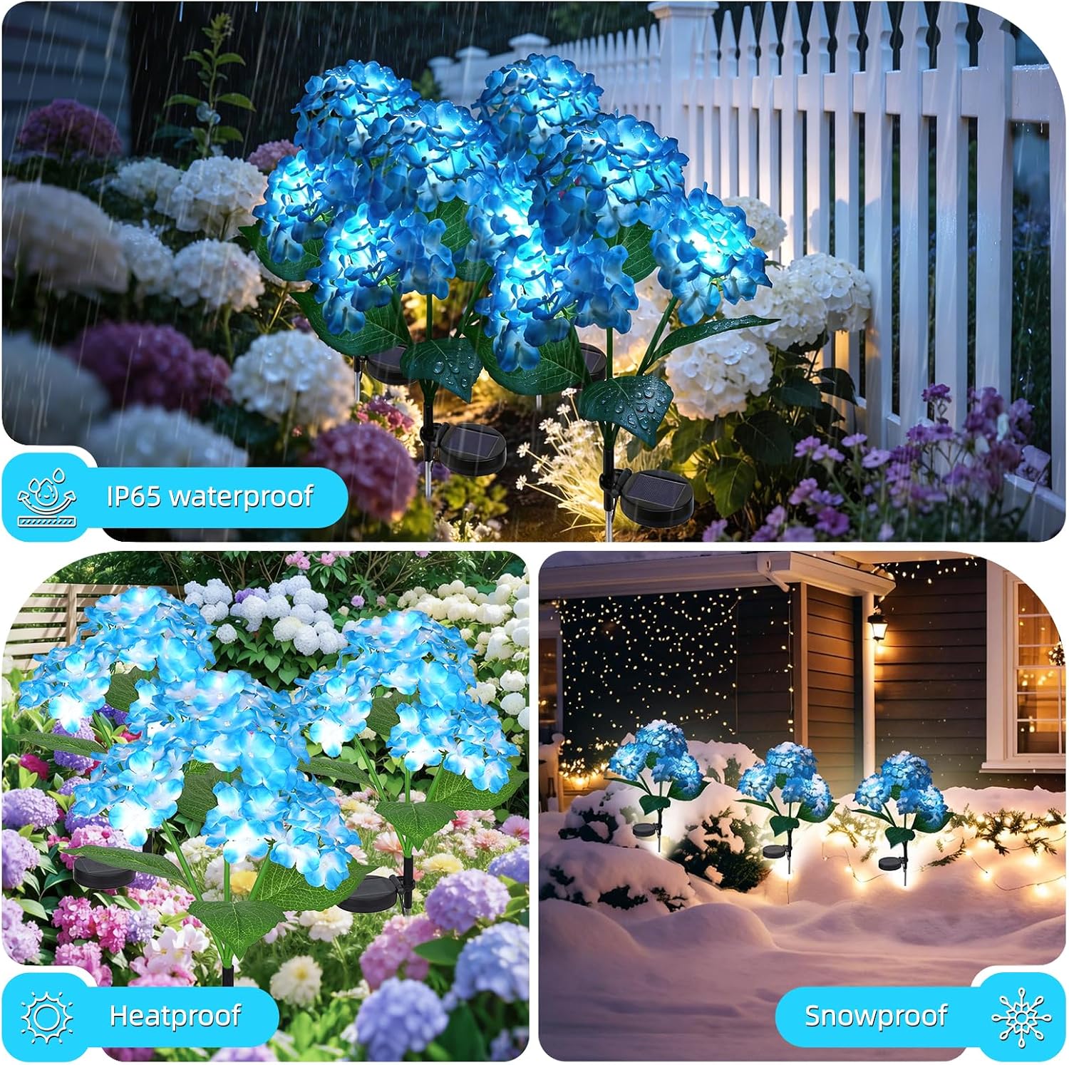 Solar Garden Lights 4 Pack, LED Blue Hydrangea Waterproof Auto On/Off | Large solar panel speeds up charging. Waterproof for yard, patio & walkway, lovely garden gift for mom.