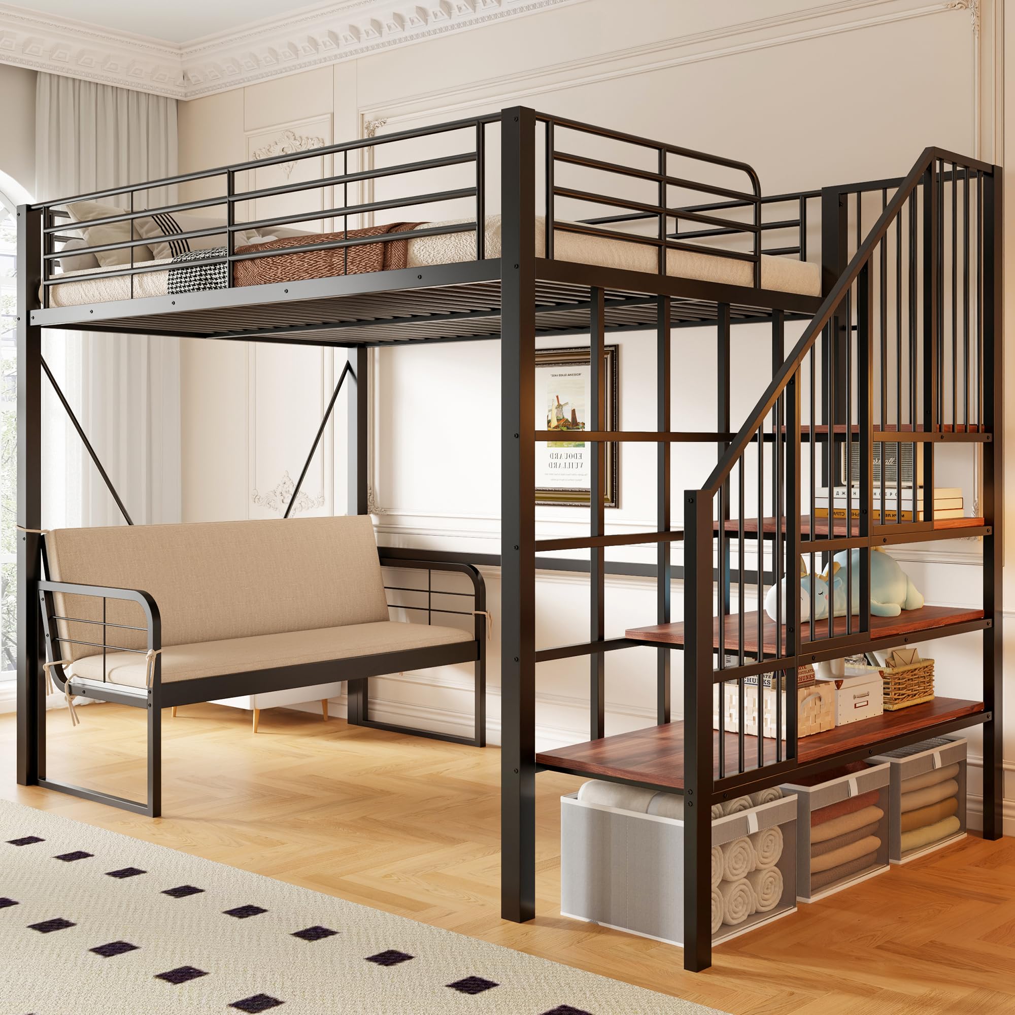 Cama altillo 140x200, litera doble de hierro con sofá cama extraíble, espacio de almacenamiento y escalera de seguridad, cama entrepiso de 2 plazas para familias numerosas