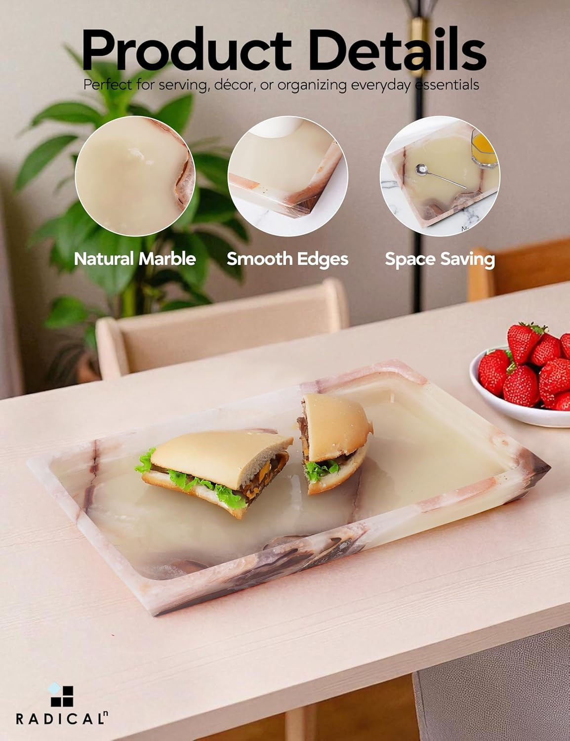 Radicaln Marble Rectangle Serving Tray 12" Inches Handmade White Onyx Charcuterie Tray Dining Table, Ideal Candle Dish and Plate for Serving Platter