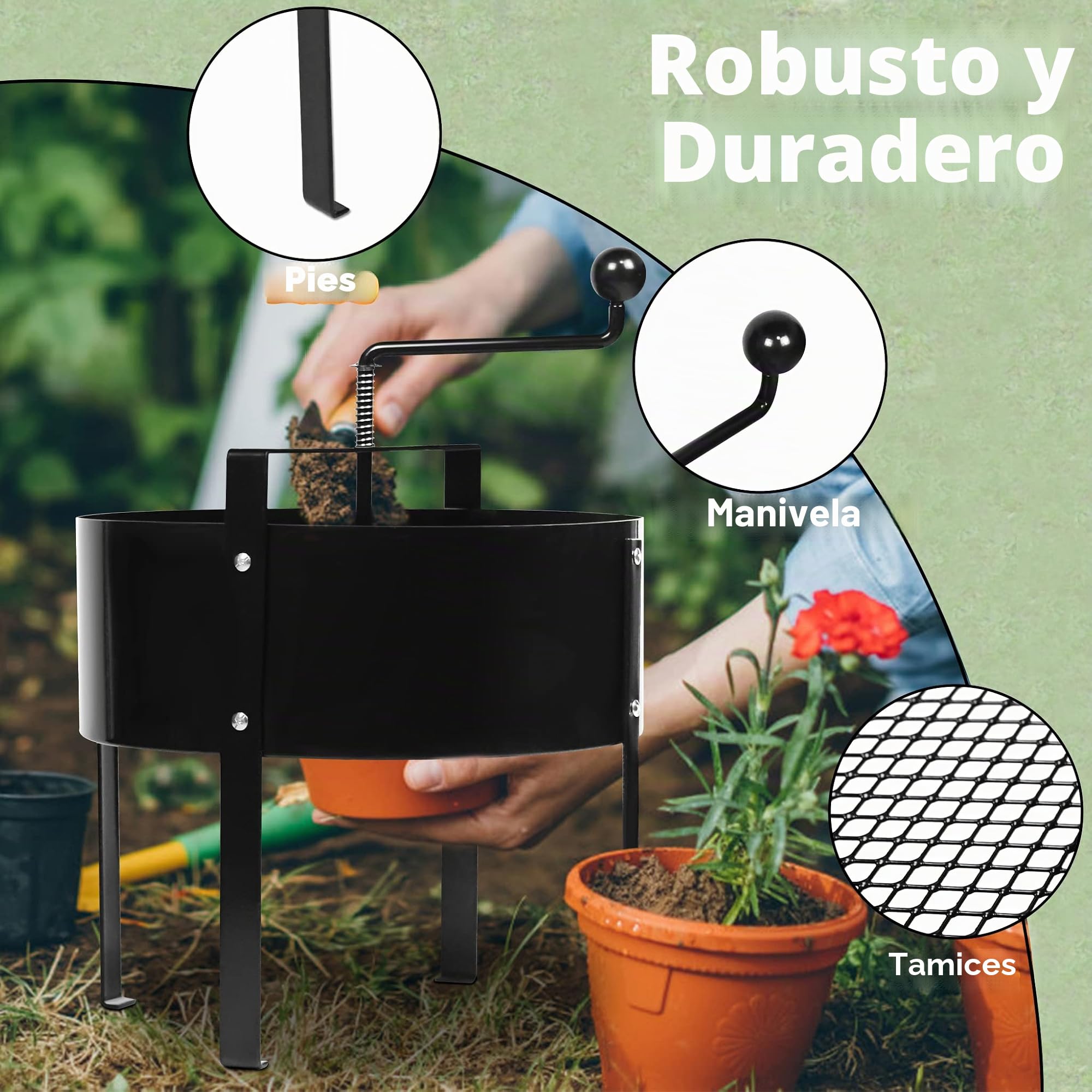 UISEBRT Tamiz para jardín, colador de suelo, colador de manivela, diámetro de 40 cm, colador de metal para tierra, piedras, compost de malas hierbas, arena, negro