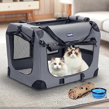 Petprsco Portable Collapsible Dog Crate, Travel Dog Crate 60x42x42cm with Soft Warm Blanket and Foldable Bowl for Large Cats & Small Dogs Indoor and Outdoor