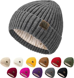 Unisex Satin Lined Beanie Warm Winter Hat Silk Lined Beanie for Women Men Knit Slouchy Hat