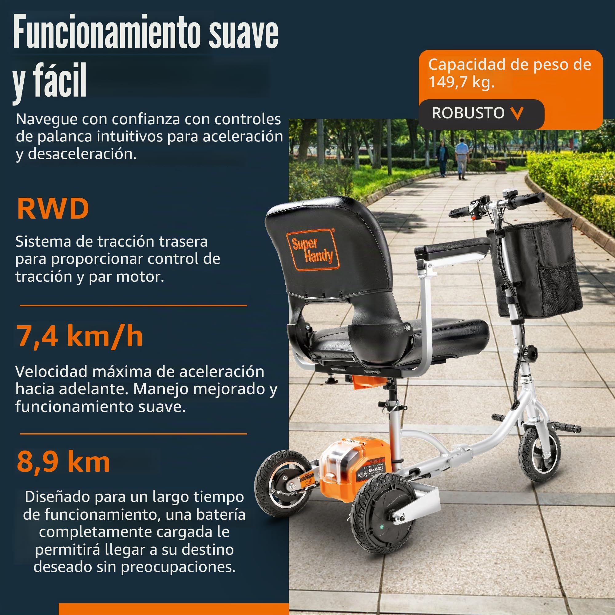SuperHandy Dispositivo de movilidad electrónica plegable de 3 ruedas (diseño mejorado) – Funciona con electricidad, apto para aerolíneas – Viaje de largo alcance con 2 baterías de iones de litio