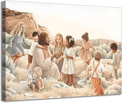ZJJARTYB 1 toile encadrée Jésus avec des enfants - Décoration murale chrétienne 