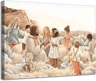 Framed Jesus With Children Canvas Wall Art For Such is the Kingdom Christian Kids Room Print Nursery Painting Jesus Christ With Baby in The Garden Picture Boy Girl Watercolor Wall Decor 12x16in
