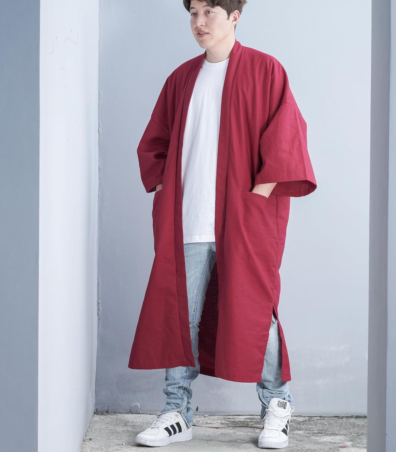 Men's Long Cotton Linen Kimono Cardigan Oversized Noragi Jacket Man Haori Summer Yukata Beach Robe