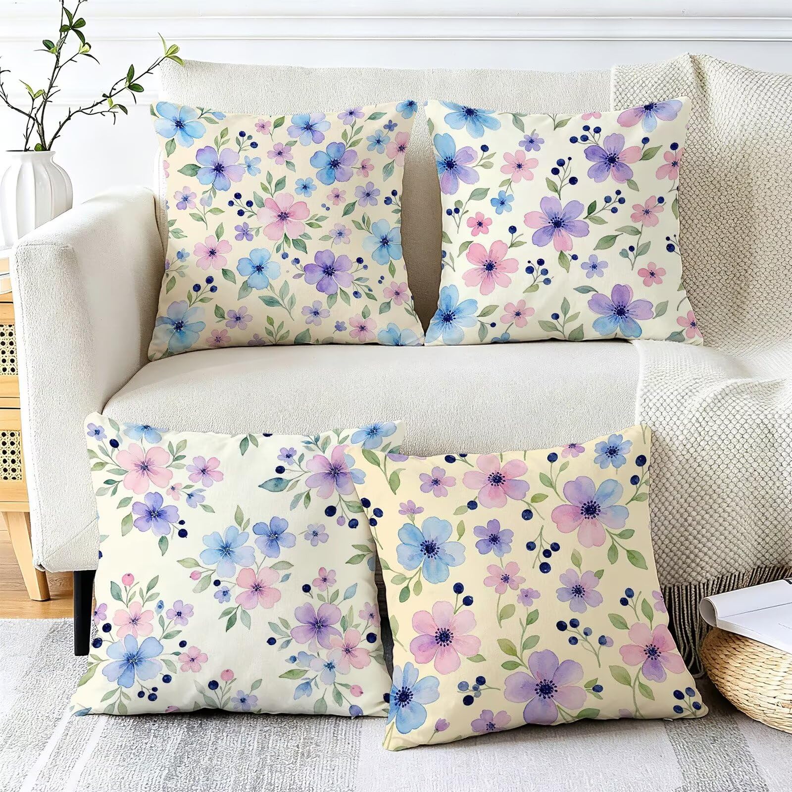 Viola Federe Cuscini Divano 60x60cm, Cuscini da Esterno Set de 4, Cod-104 | Lin Copricuscini Decorativi Letto Arredo, per Letto, Soggiorno, Giardino, Esterno, Casa Decorazione Set di 4 Piccolo Fiore