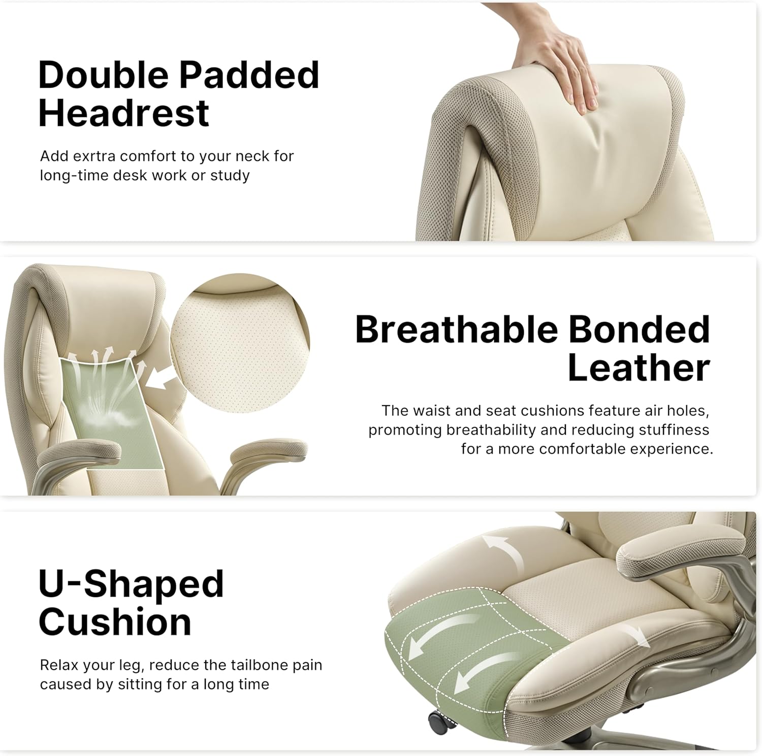 EUREKA ERGONOMIC Galene Executive Office Chair Flip Up Arm Rest, Ergonomic Desk Chair Faux Leather Computer Chair, High Back Office Chair with Headrest, Home Office Desk Chairs with Wheels, Beige