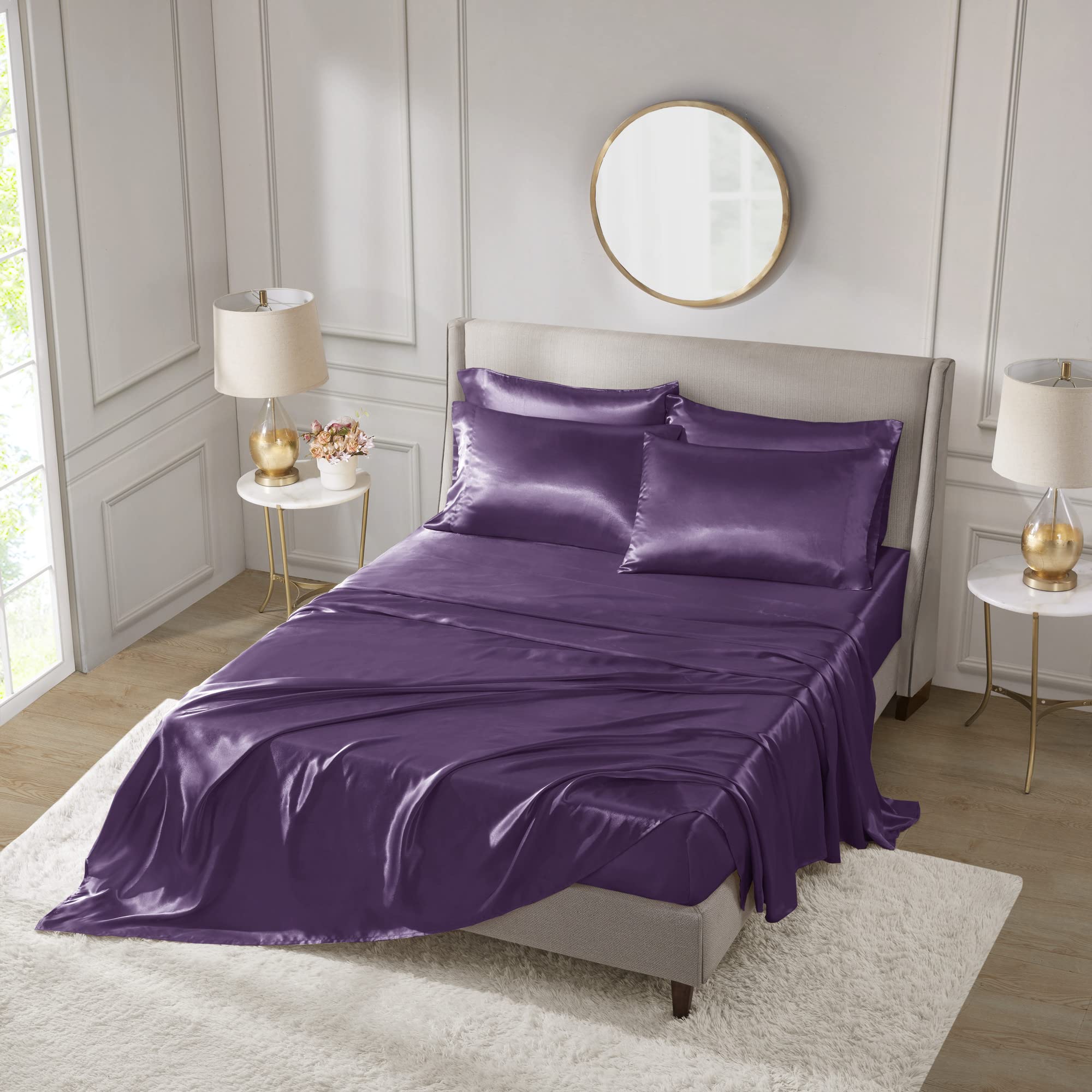 Madison Park Essentials Satin Sheet Set Luxury and Silky with Natural Sheen, Elastic 14" Pocket fits up to 16" Mattress, All Around Elastic - Year-Round Bedding, Full, Purple, 6 Piece