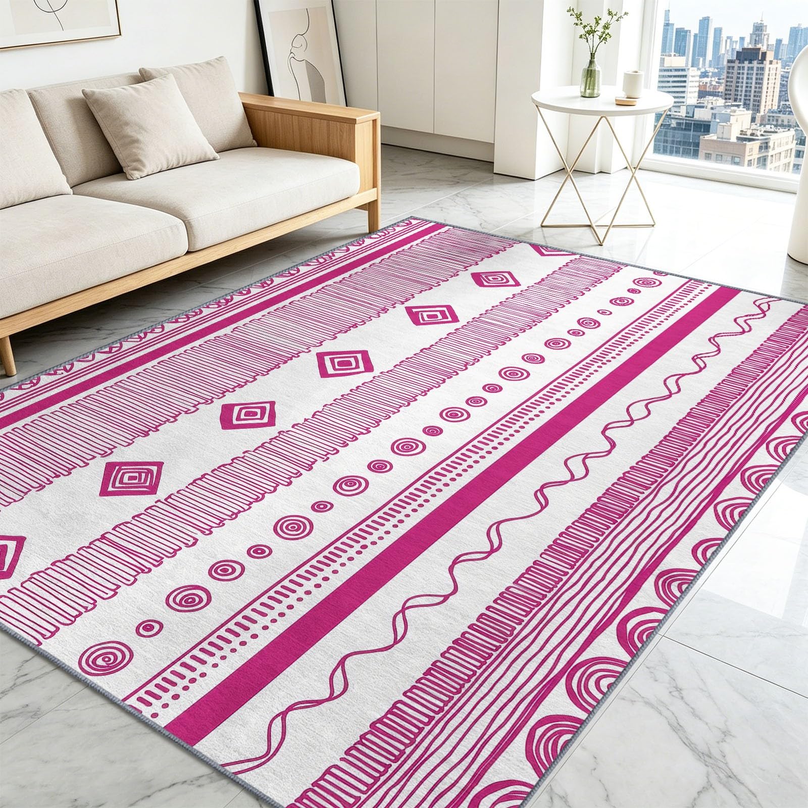 Dywan nadaje się do prania, 140 x 200 cm, poziome paski, w kropki, krótkie runo, geometryczny, do pokoju dziecięcego, antypoślizgowy, miękki, łatwy w pielęgnacji, do salonu, sypialni, kuchni