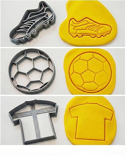 T3D - Juego de 3 cortadores de galletas de fútbol, pelota, zapatos y camiseta de fútbol, adecuado para pasteles, galletas y fondant, molde para