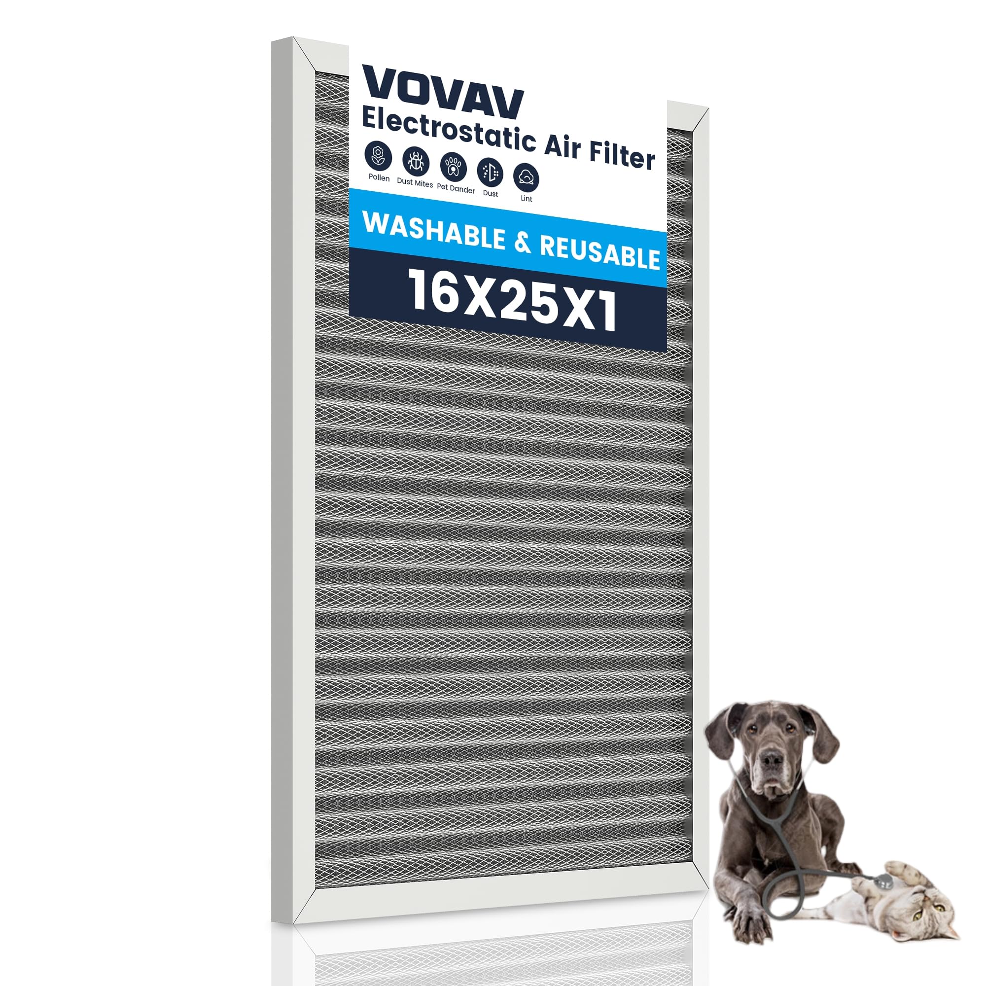 16x25x1 Air Filter-MERV 8, Washable & Reusable Electrostatic Filter, AC/HVAC Furnace Filters, Lasts a Lifetime, Permanent Air Filter, Breathe Fresher,