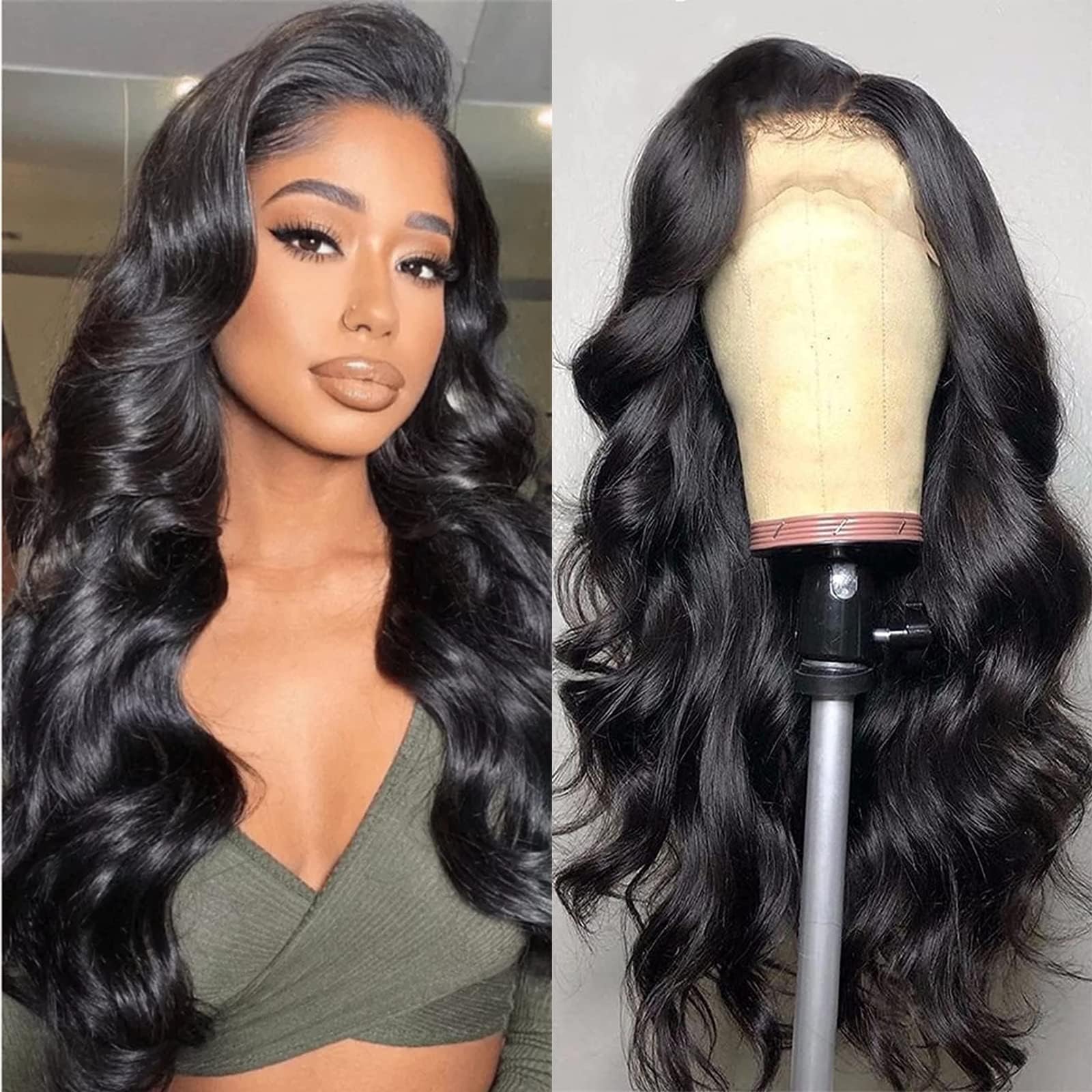 Body Wave Lace Front Wigs Human Hair 180% Density Glueless Wigs 13x4 HD Body Wave Lace Transparent Frontal Wigs Human Hair Pre Plucked Brazilian Virgin Human Hair with Baby Hair for Women(16 Inch)