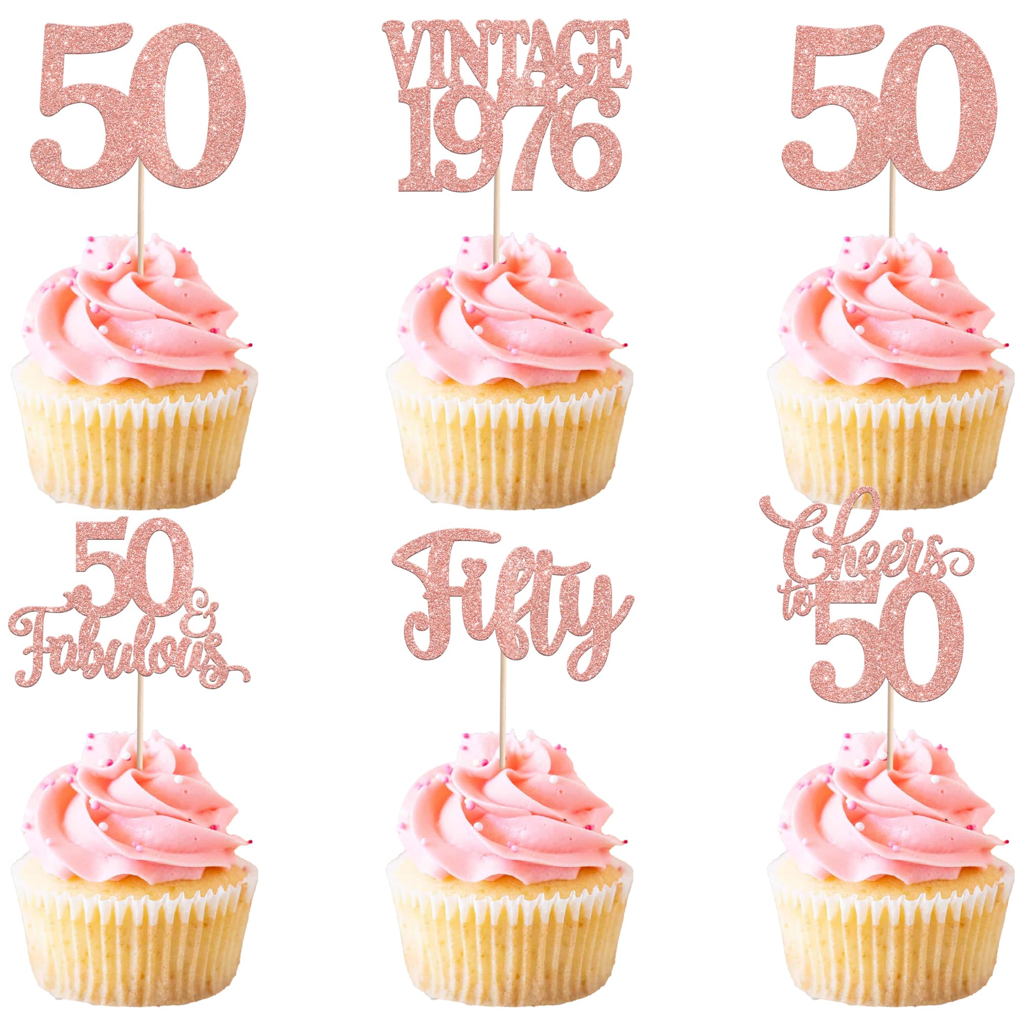 30 Pack Happy 50th Birthday Cupcake Toppers Glitter Hello 50 Fifty Vintage 1976 Cupcake Picks Cheers to 50 Party Decorations for 50th Birthday Anniversary Party Cake Decorations Rose Gold โ image 1