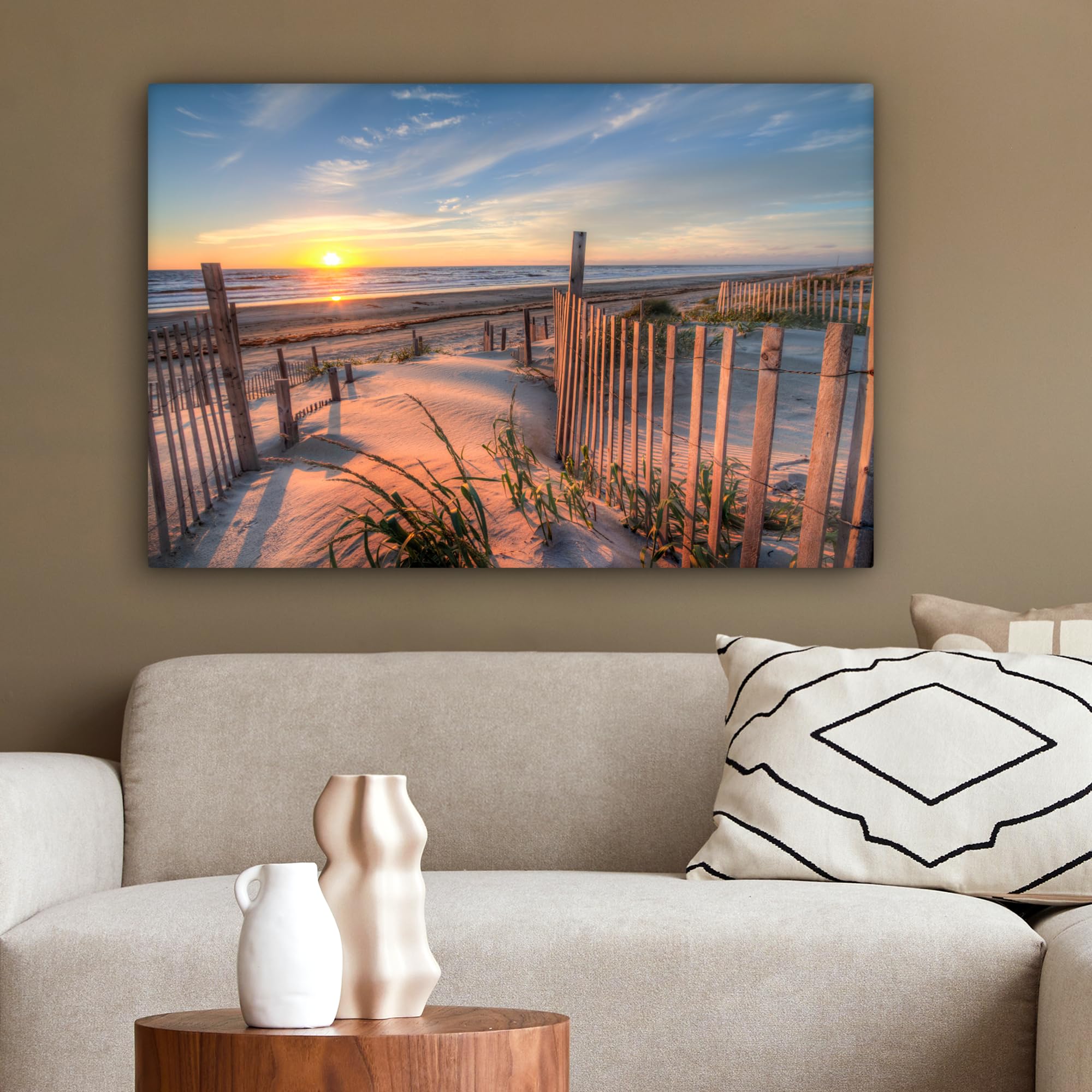 MuchoWow© Impression sur Toile Decoration Murale Peinture 90x60 cm Tableaux Decoratifs Muraux Déco Chambre Tableau Salon Dune - Coucher de soleil - Plage - Plantes - Mer
