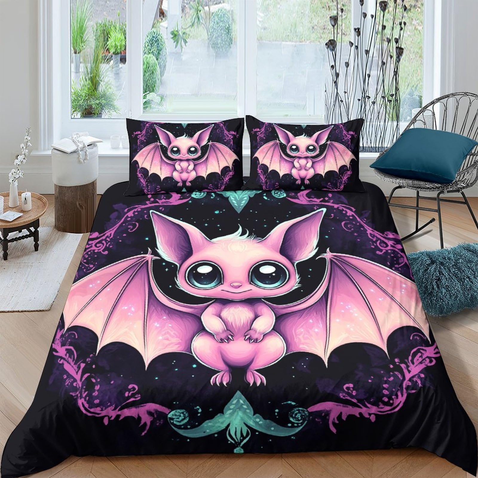 Ctjqhvkz Style-8 3D Printed Pink Cartoon Bat Fitted Sheet Microfiber Soft Black Purple Gothic Bed Cover For Bedroom Dorm Mattress Decor Single（135X200cm）