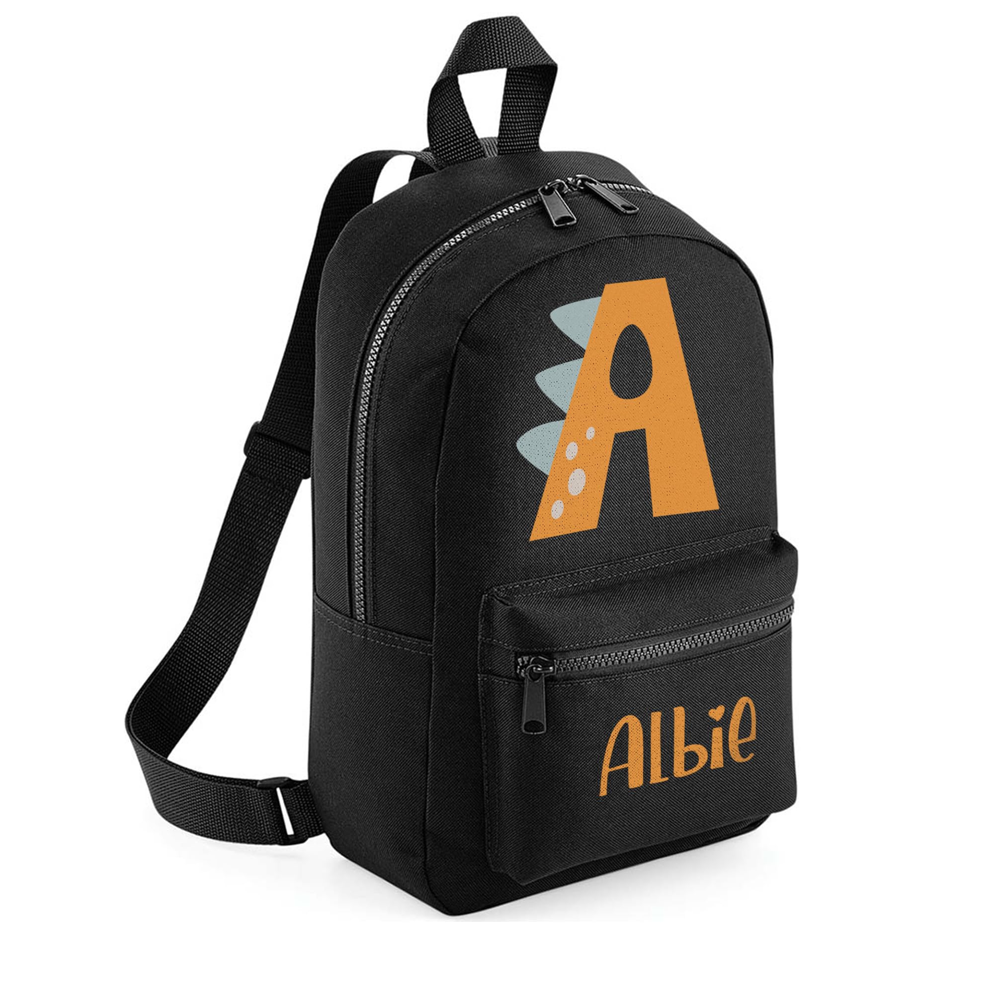 A1 Graphics Ltd Black Personalised Dinosaur Kids Backpack Custom With Name Choice Of Colours Dino Alphabet School Bag With Adjustable Straps For Children & Toddlers (Black)