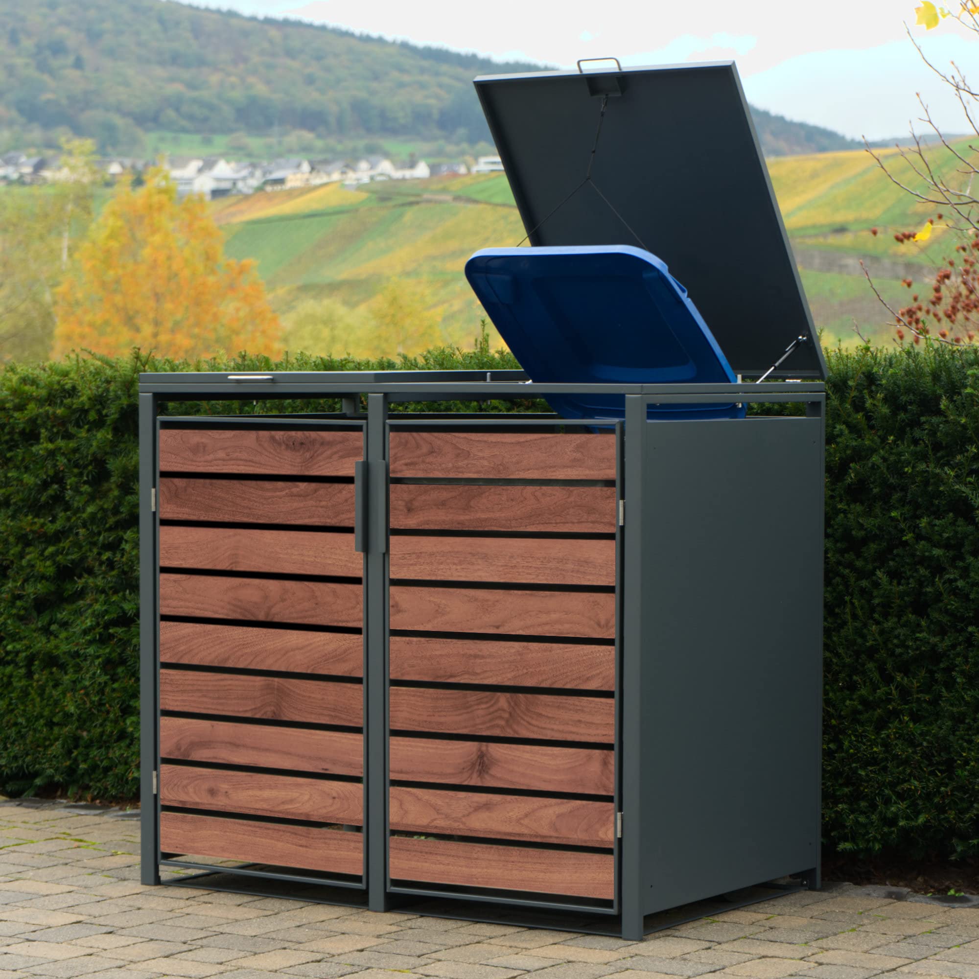 Zelsius Mülltonnenbox 2er Mülltonnen | (B) 132 x (T) 80 x (H) 117 cm | Anthrazit RAL7016 | Tür in dunkelbrauner Holzoptik mit Erweiterungsmöglichkeit | Mülltonnenverkleidung, Garten Müllbox