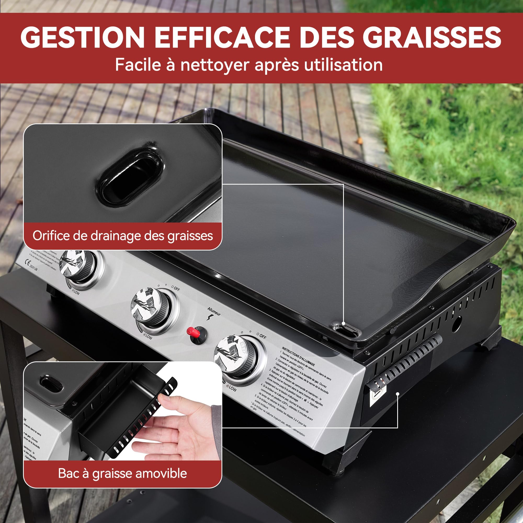 Royal Gourmet Piastra a Gas in Acciaio smaltato, 3 bruciatori di Potenza 7,5 kW, Superficie Cottura 62,0 x 35,5 cm, Portatile per Campeggio ed Esterno