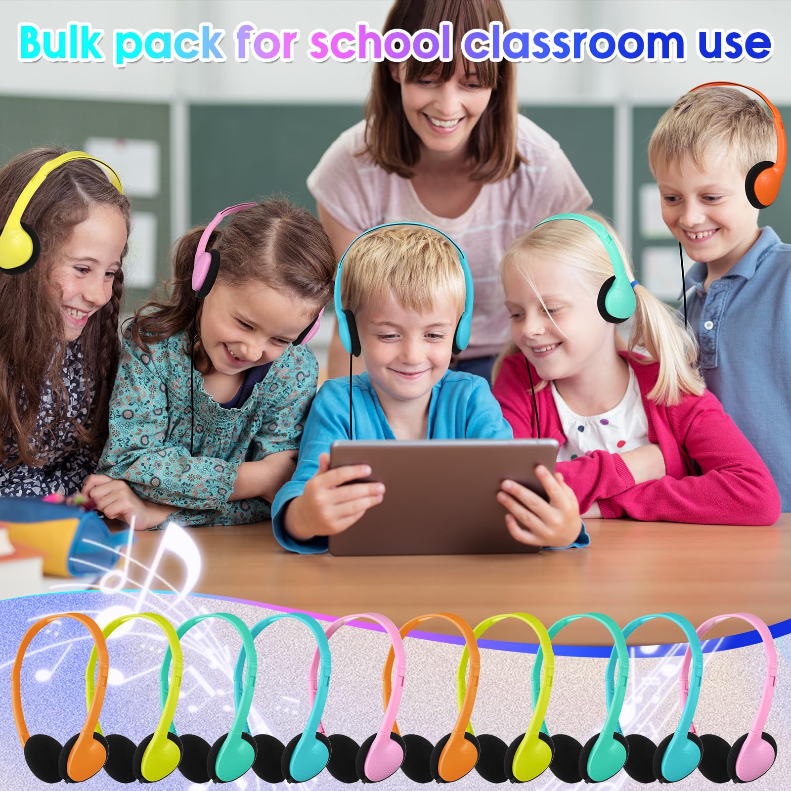 Hoteam Confezione da 100 cuffie regolabili per studenti in classe, con cavo, colore nero, con spina da 3,5 mm, per scuola, biblioteca, musei, beneficenza, omaggi (colori vivaci)