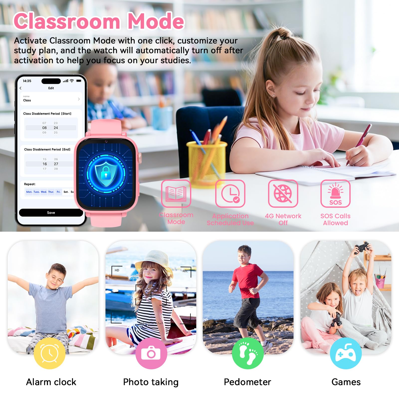 Kinder Smartwatch für Jungen Mädchen, kinderuhr Telefonuhr 4G mit GPS, Telefon, Videoanruf, Voice Chat, SOS, Schulmodus, Wecker, Schrittzähler, Spiele, Smart Uhr Watch für Kids Geschenke 4-12, Rosa