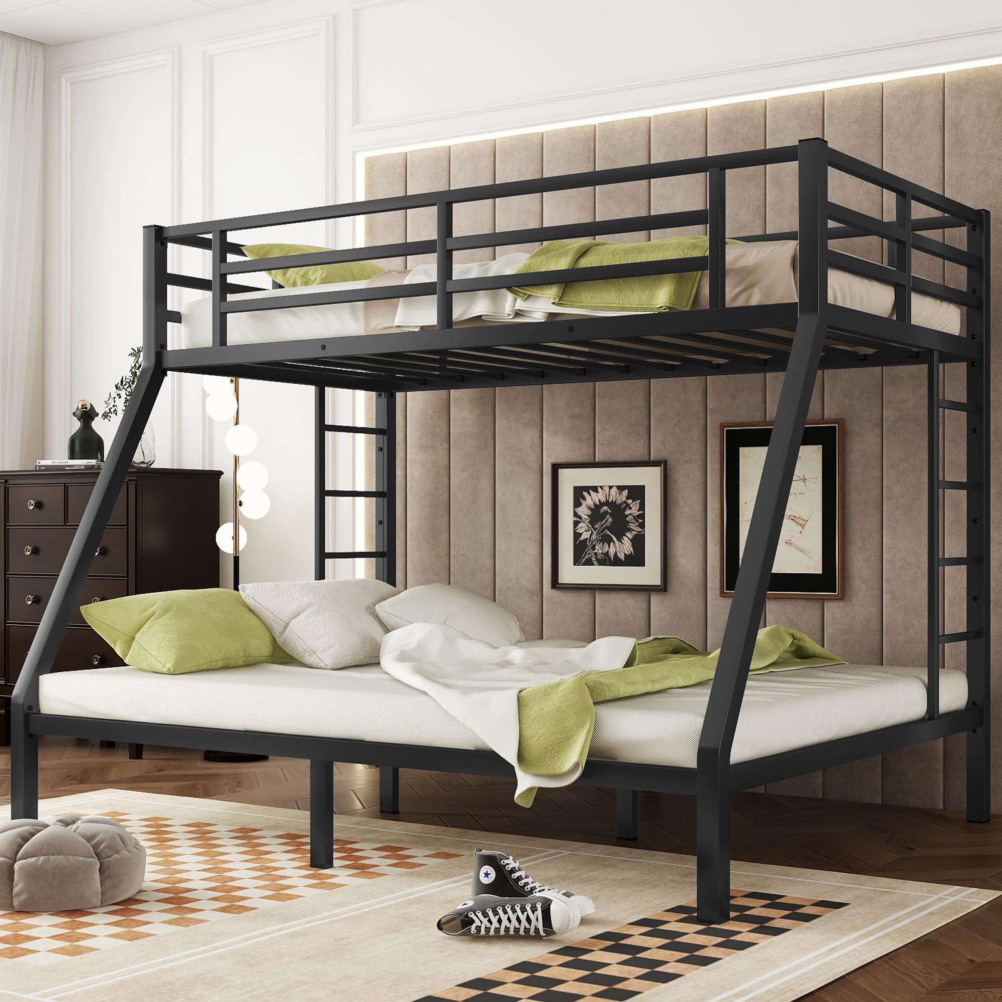 Bellemave Twin XL Over Queen Bunk Bed for Adults, Twin XL Over Queen Bunk Beds Frame with 2 Ladder and Full Length Guardrail, Easy Assemble, Mattress