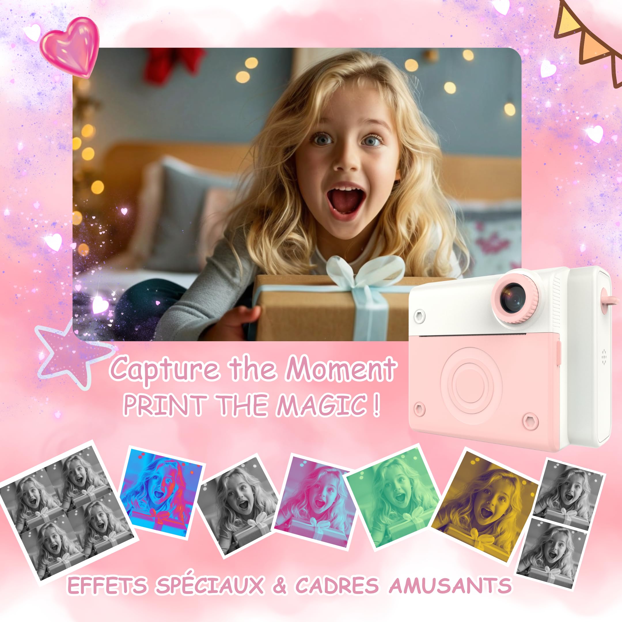 Appareil Photo Enfant, Appareil Photo Instantané, Écran Large avec Papier d'impression et Carte 32GB, Mode Video et Selfie, Jouet Cadeau pour Filles et Garçons Enfant de 3-14 Ans (Rose)