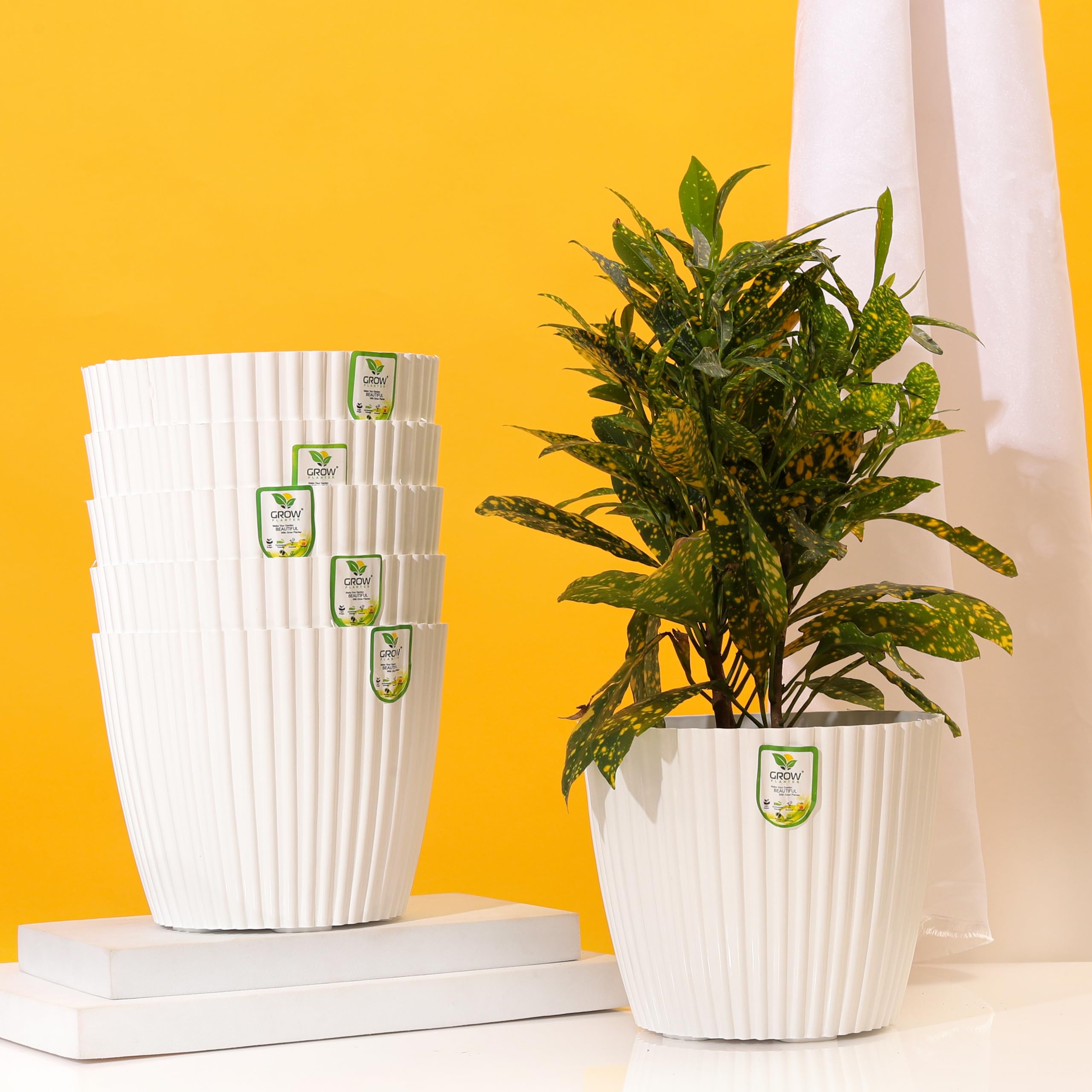Grow Planter 7 inches Plastic Round Mega Flower Pots for Home Planters, Terrace, Garden Etc | | Suitable for Home Indoor & Outdoor Gardening Plants (White-Pack of 6)