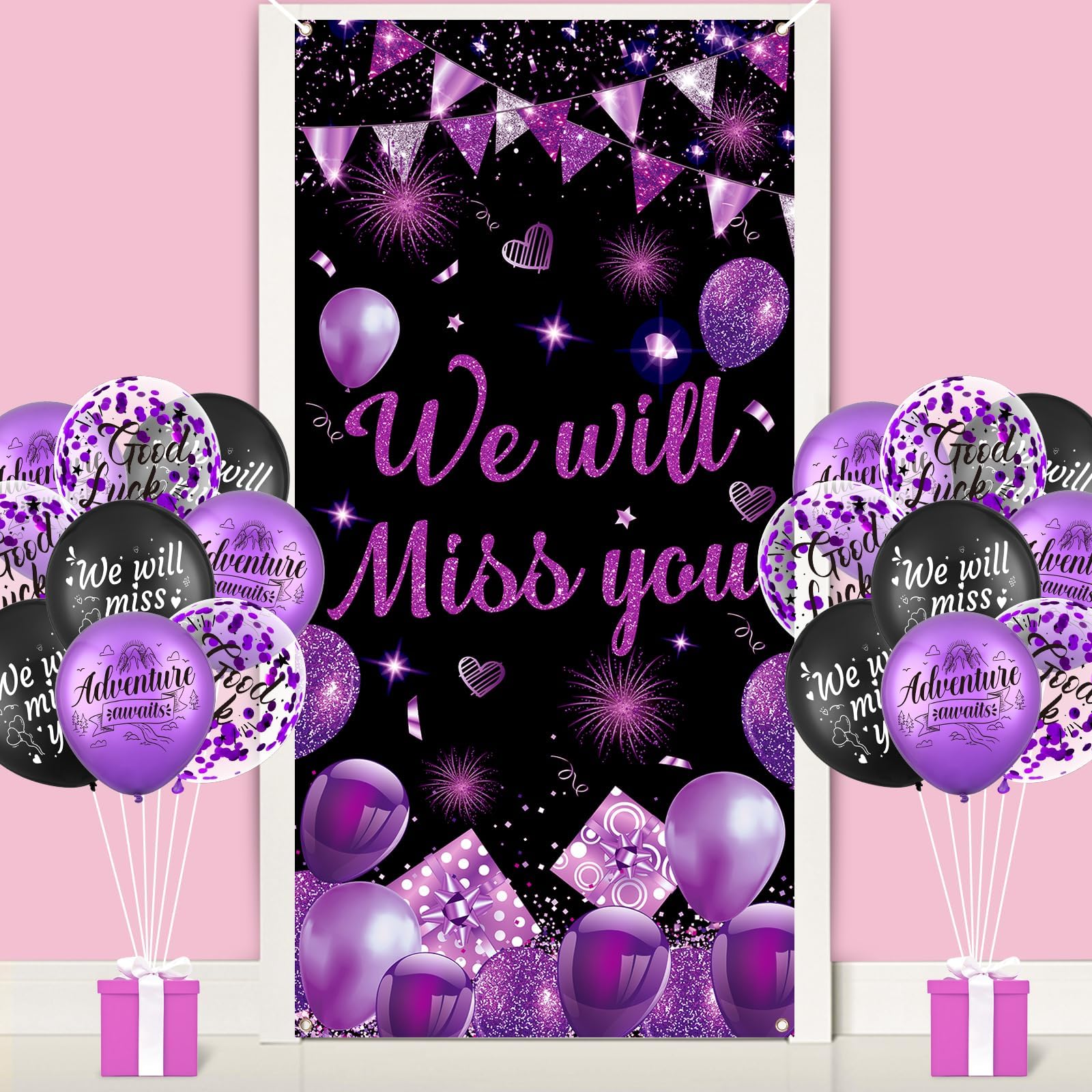 Purple We Will Miss You Decorations for Women - Black Door Cover Banner and 18pcs Balloons Decor for Purple Farewell Retirement Going Away Goodbye Party Supplies