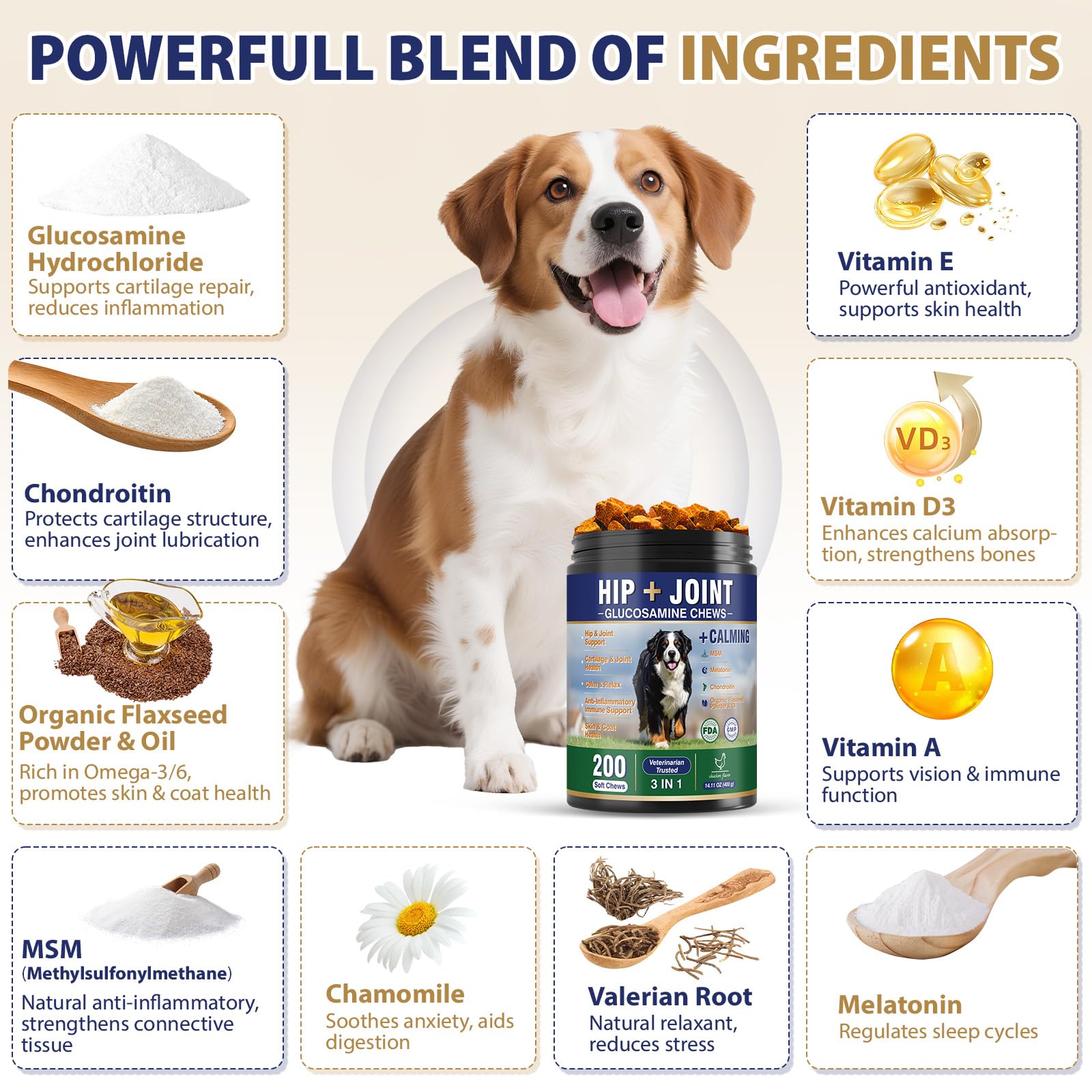 Hip and Joint Supplement for Dogs 200 Dog Calming Chews with Glucosamine, Chondroitin, Msm, Omega3, Melatonin for Senior Dogs Anxiety Pain Relief Anti Inflammatory Small/Medium/Large Dog -Chicken - image 5
