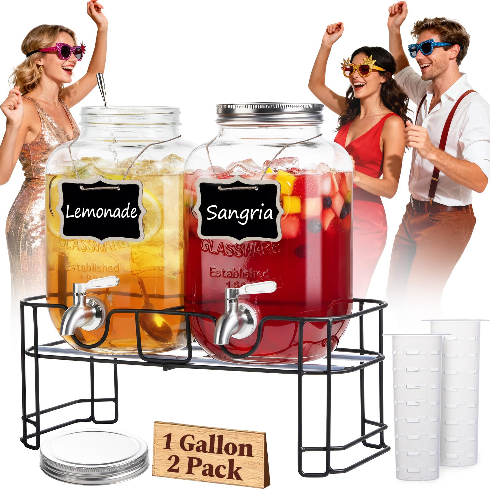 KIKCOIN 1 Gallon Glass Drink Dispenser 2 Pack