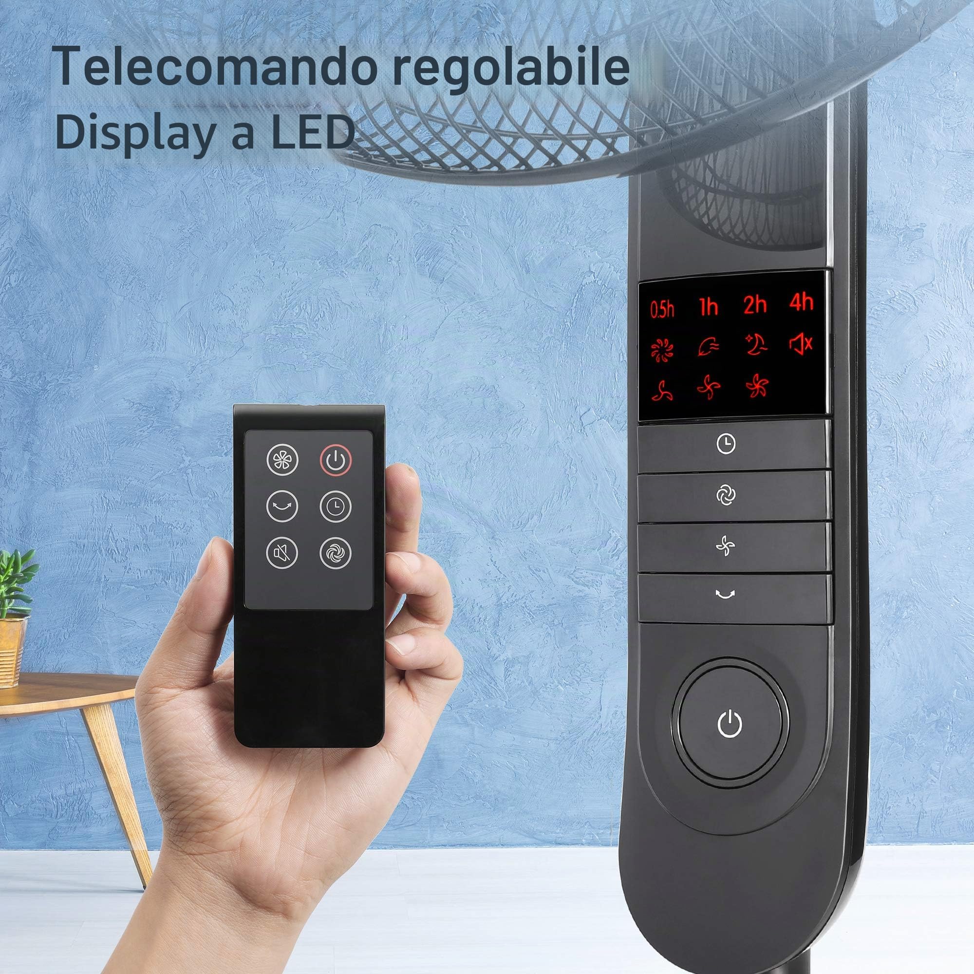 Midea FS40-15FR Ventilatore silenzioso con telecomando, 3 livelli di velocità, display LED, timer 7,5H, regolabile in altezza, funzione di oscillazione a 80°, 55 W, più potente, ventilatore