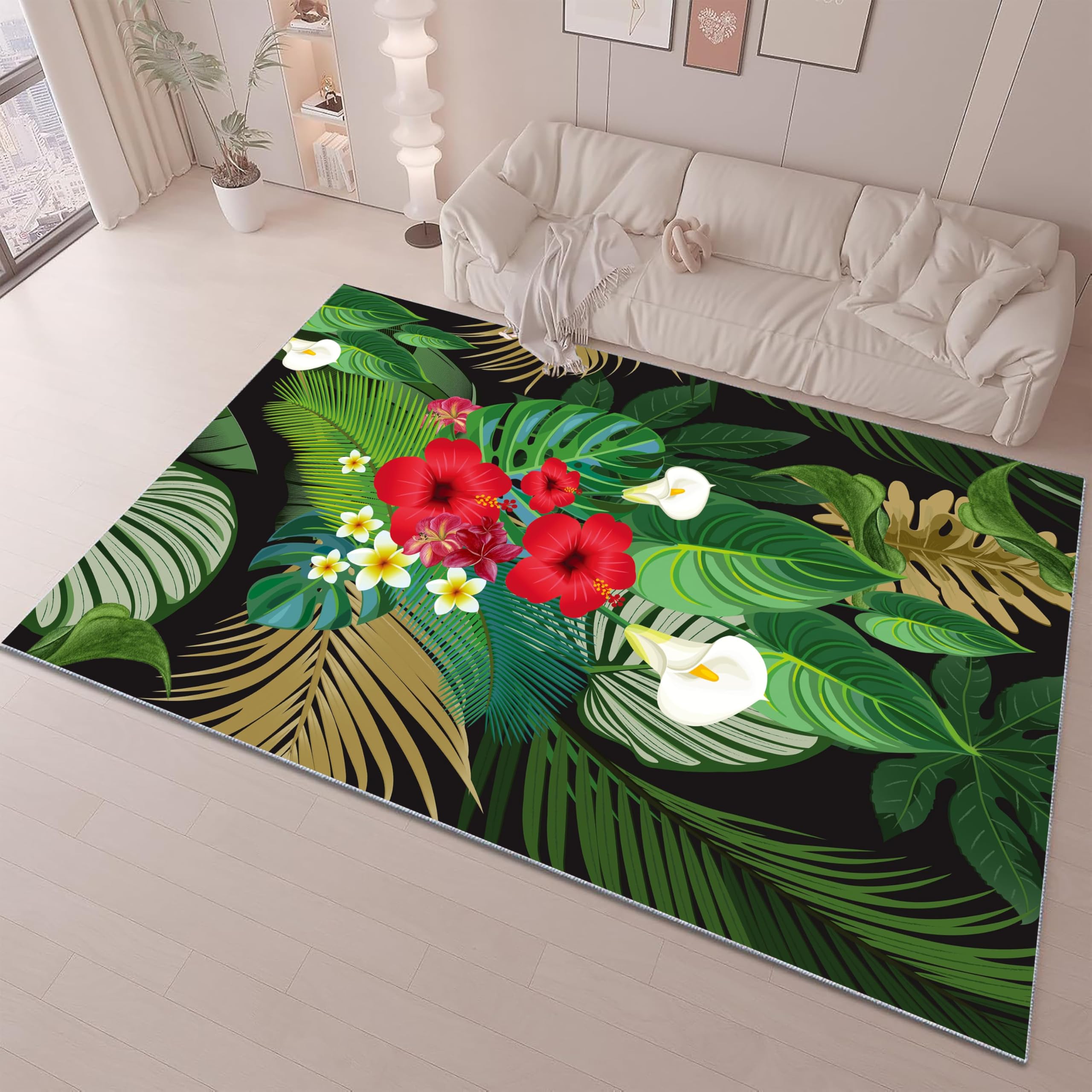 ZCLRUG Tropical leaf Washable Area Rug, 180 x 300 cm plant Monstera banana leaves Hibiscus Plumeria Pattern Rug, soft Low Pile Non Slip Modern style Green Red Floor mat for Kitchen Bathroom Carpet